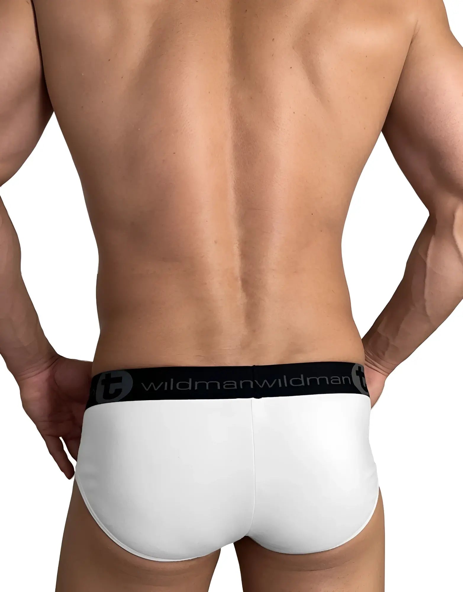 Rear view of a white WildmanT cotton brief with a wide black waistband featuring grey repeating logo text.