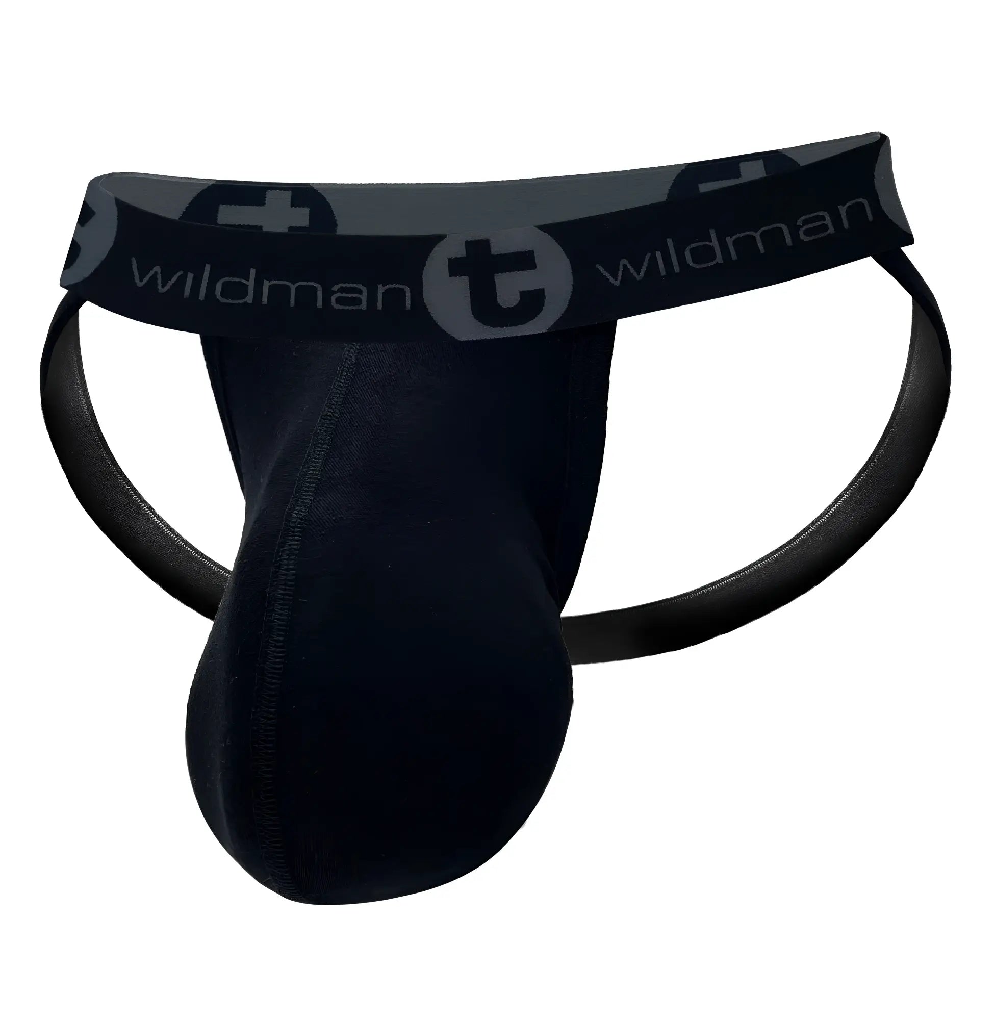 Black cotton jockstrap with a contoured pouch, featuring a grey elastic waistband with WildmanT logo branding.