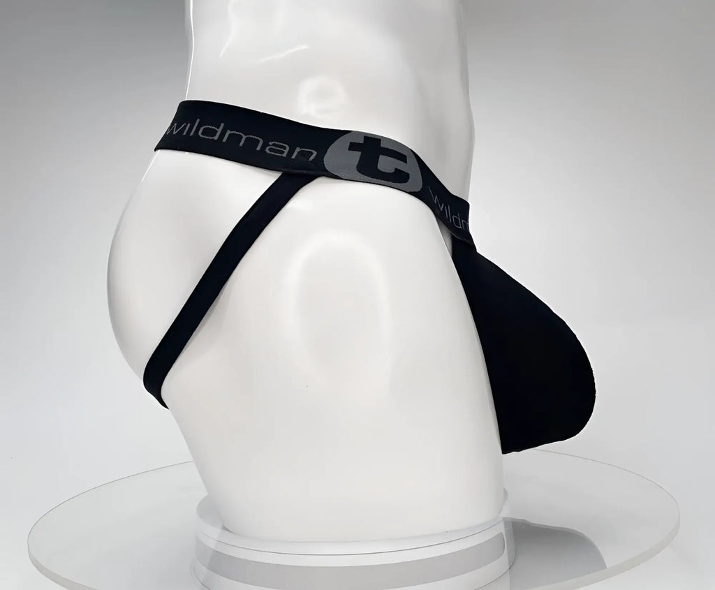 Black jockstrap on a white mannequin torso, featuring a prominent front pouch and logo waistband.