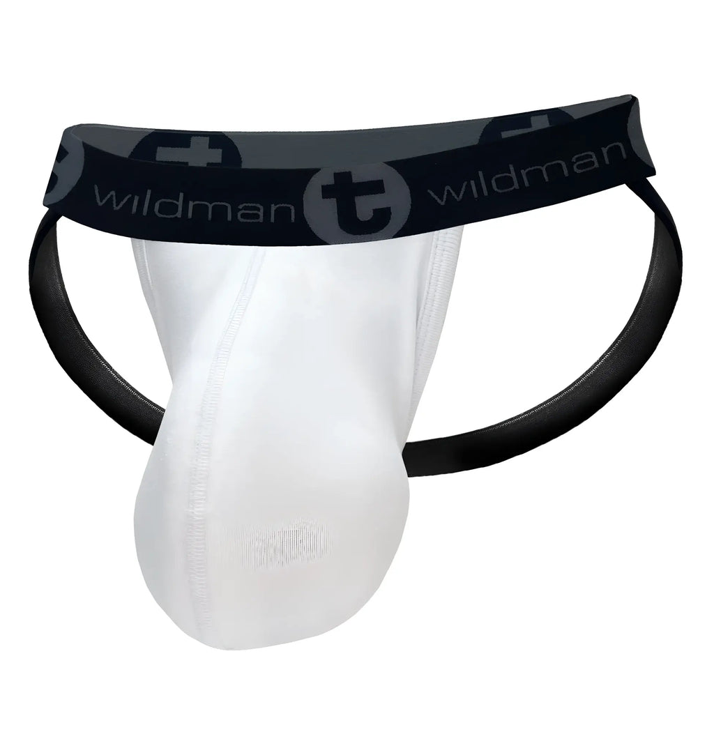 White WildmanT cotton jockstrap with a contoured front pouch and black elastic waistband featuring logo branding.