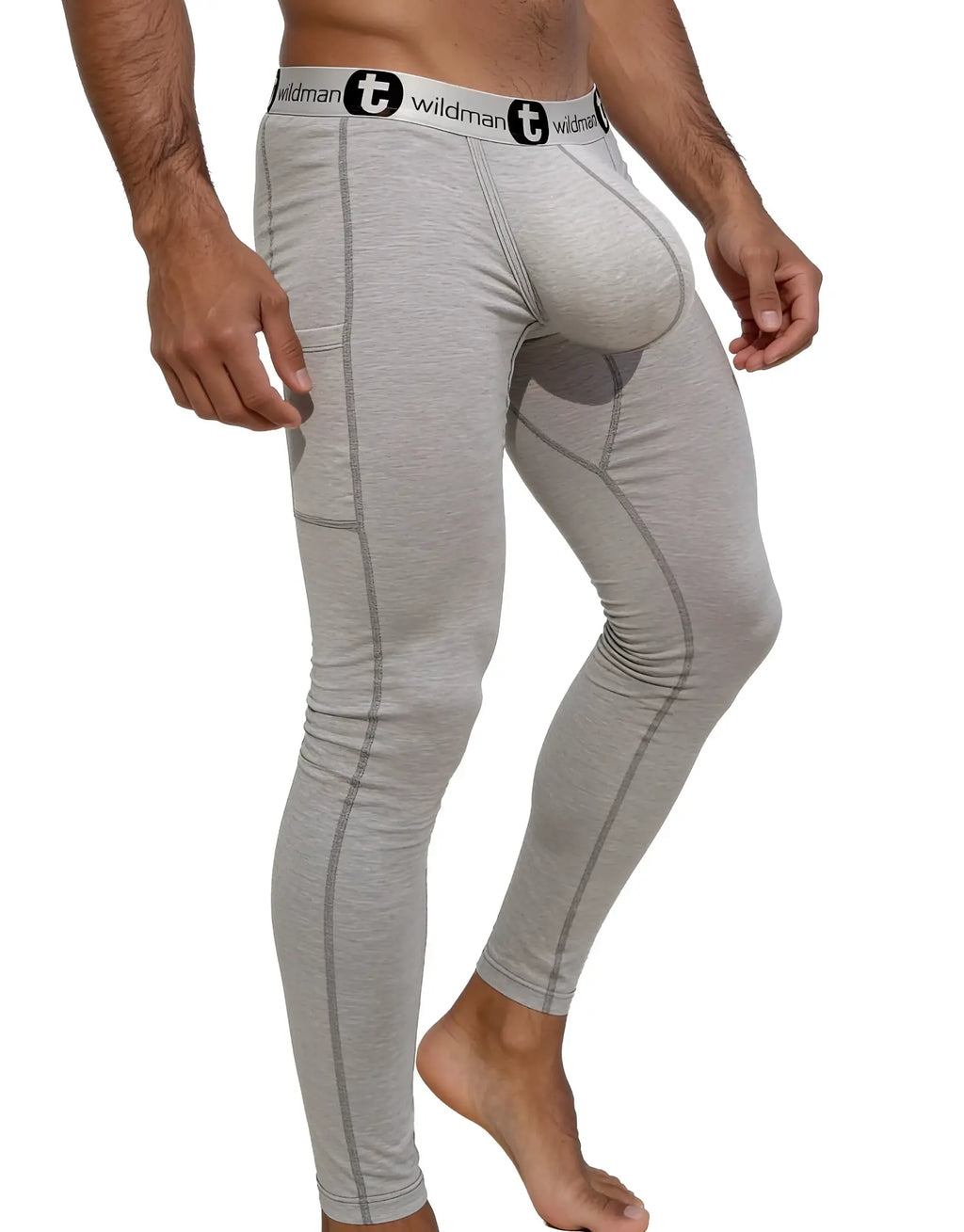 Grey WildmanT long johns with a prominent front pouch, contrast stitching, and branded elastic waistband.