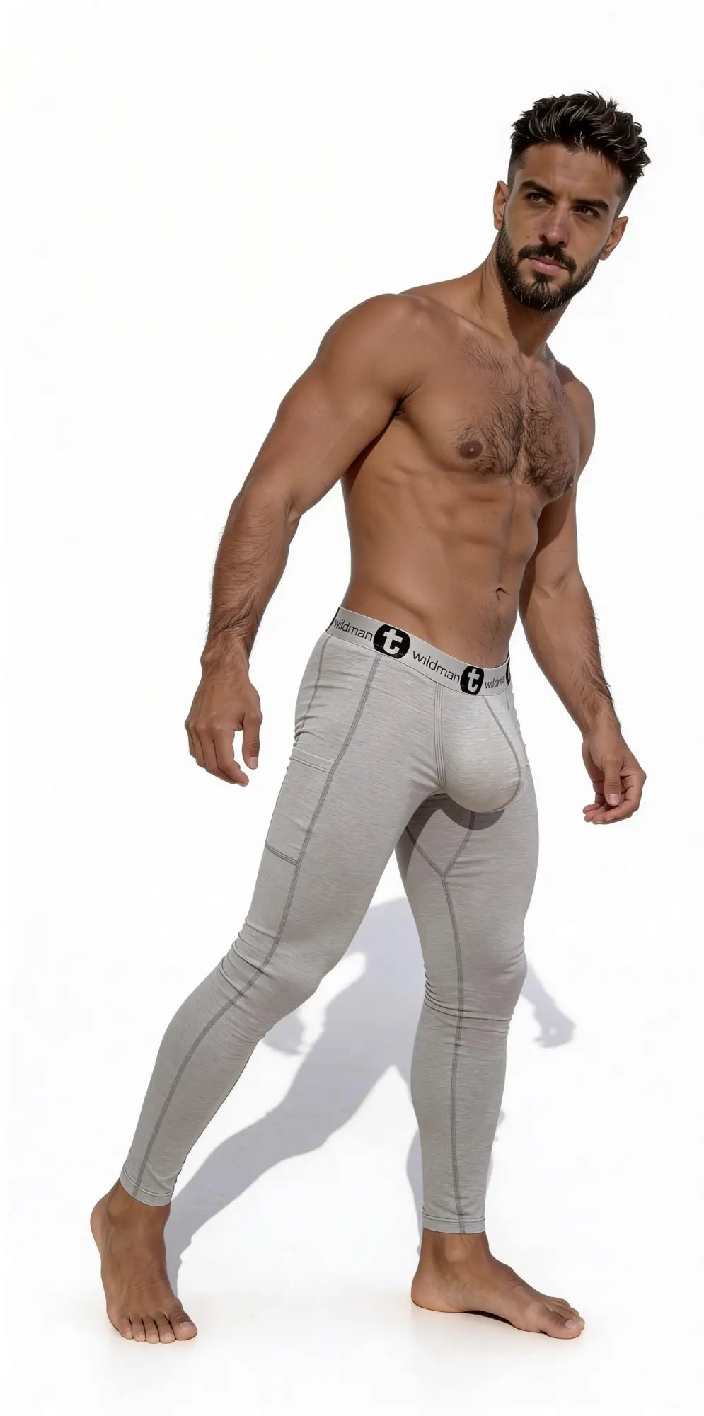 Man wearing grey cotton long johns with a supportive contoured pouch and branded waistband against a white background.