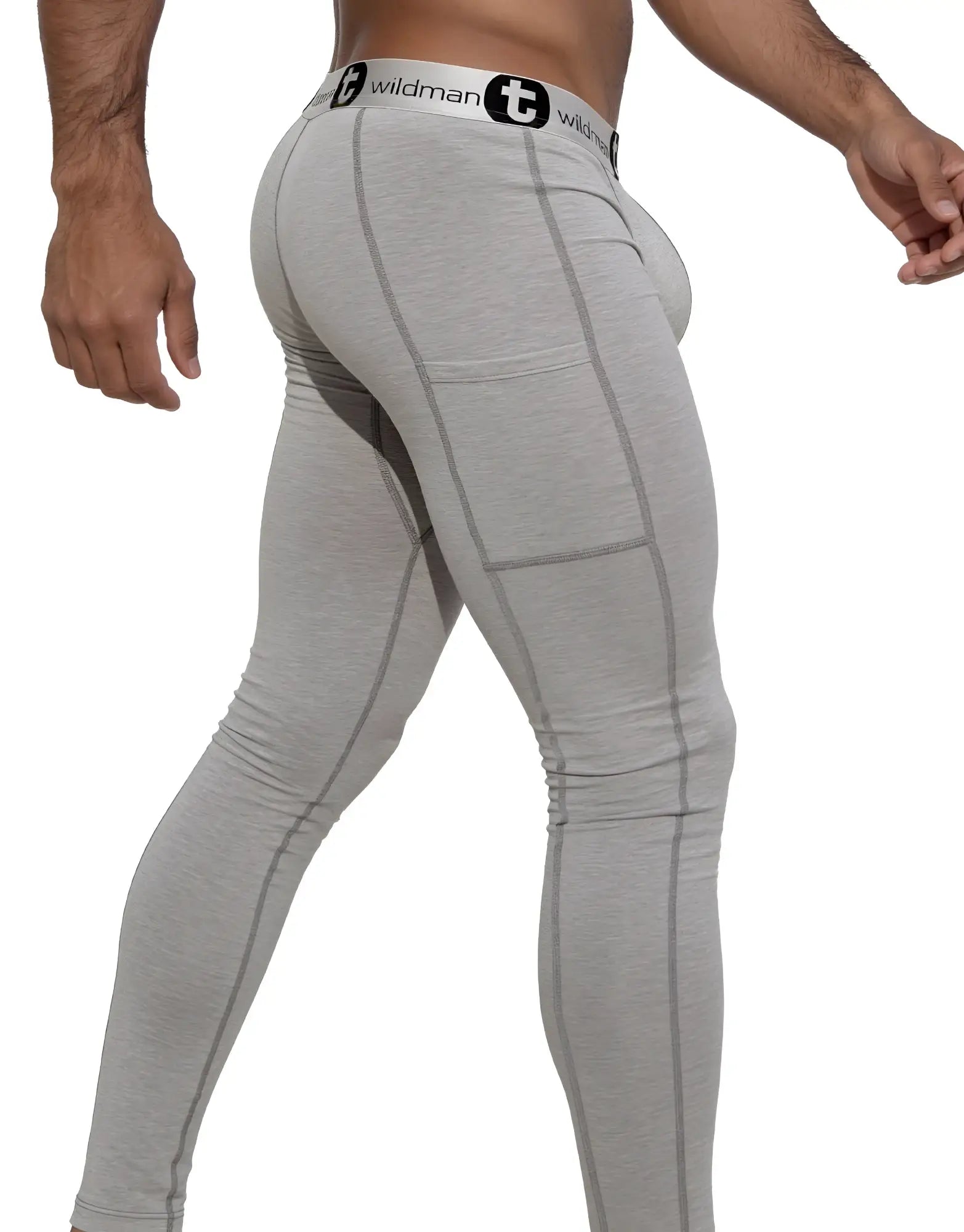 Grey WildmanT long johns with a contoured pouch, flatlock seams, and a branded elastic waistband.