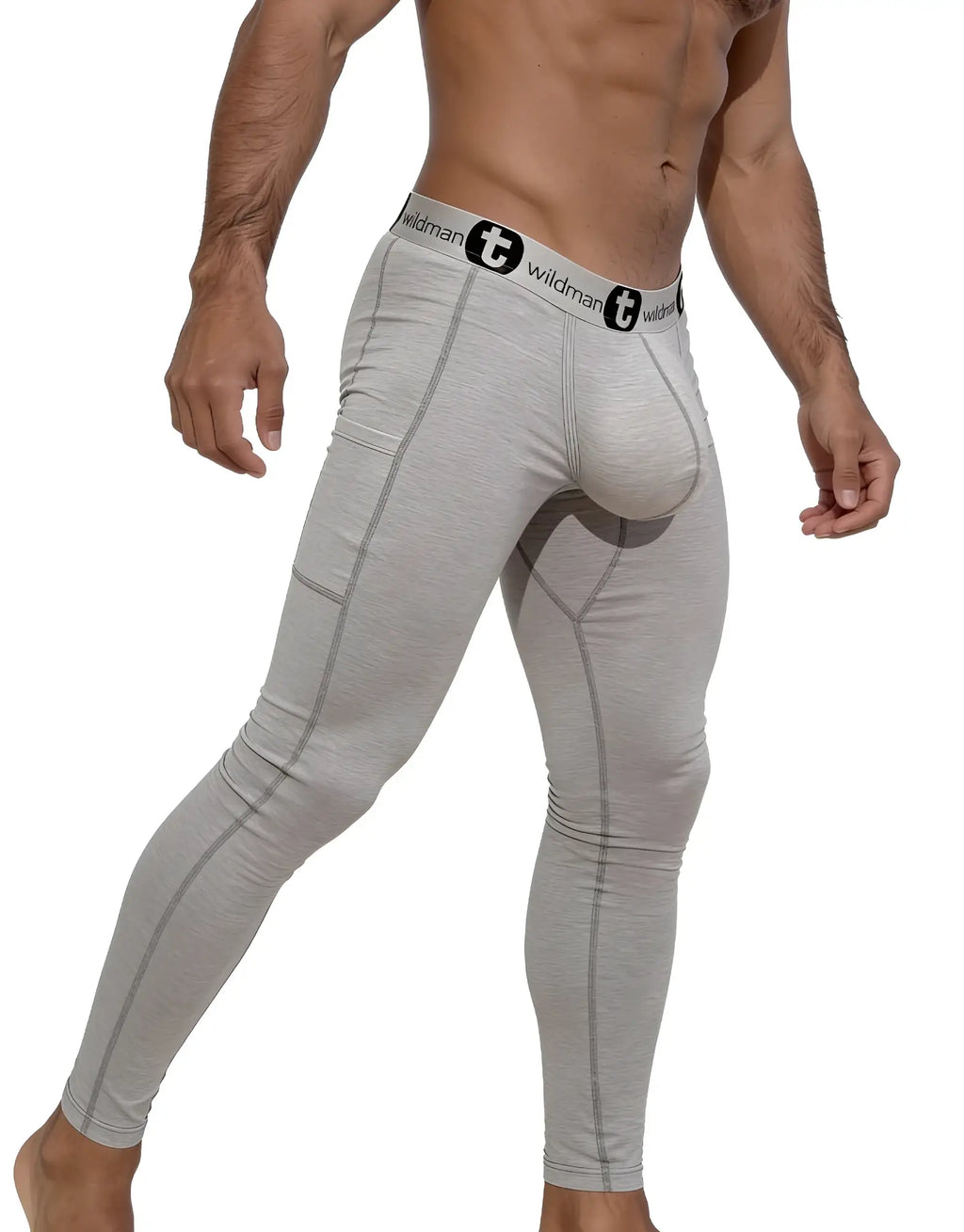 Light gray cotton long johns with a contoured pouch and branded waistband on a muscular model.