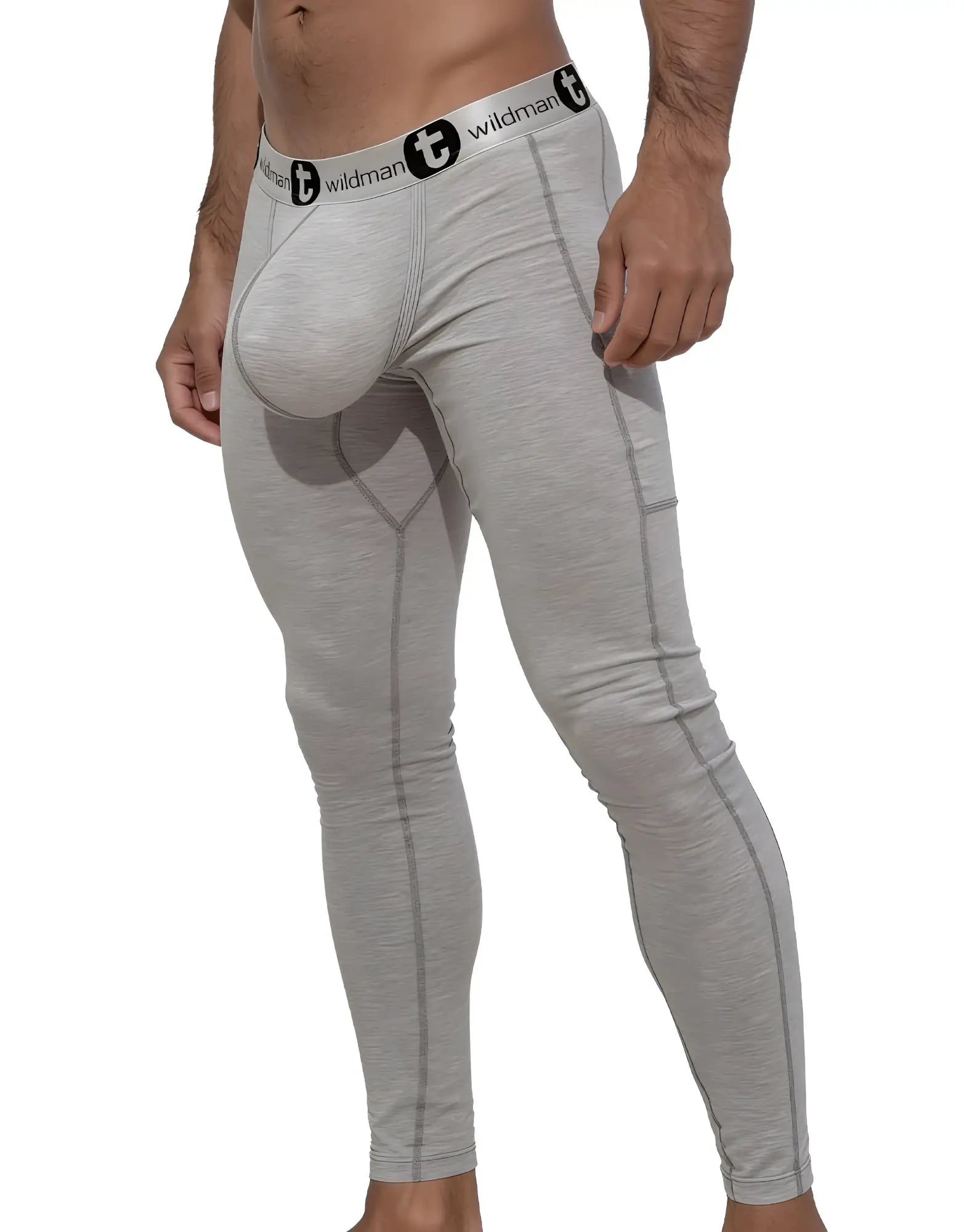 Grey WildmanT long johns with a prominent front pouch, contrast stitching, and branded elastic waistband.