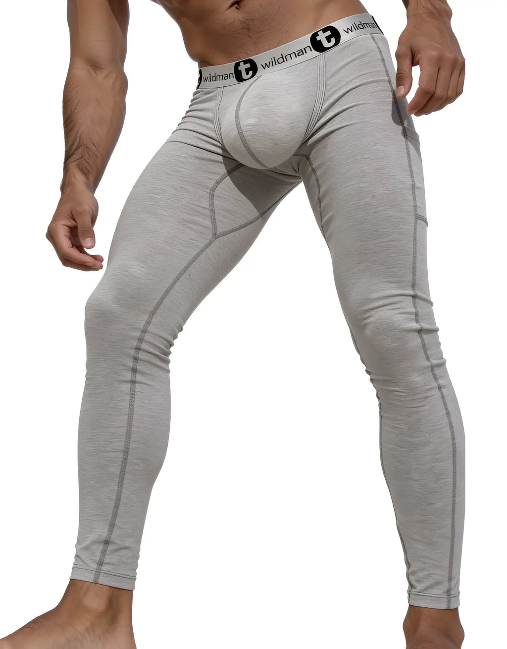 Grey WildmanT long johns featuring a large contoured pouch and a branded elastic waistband with visible stitching.
