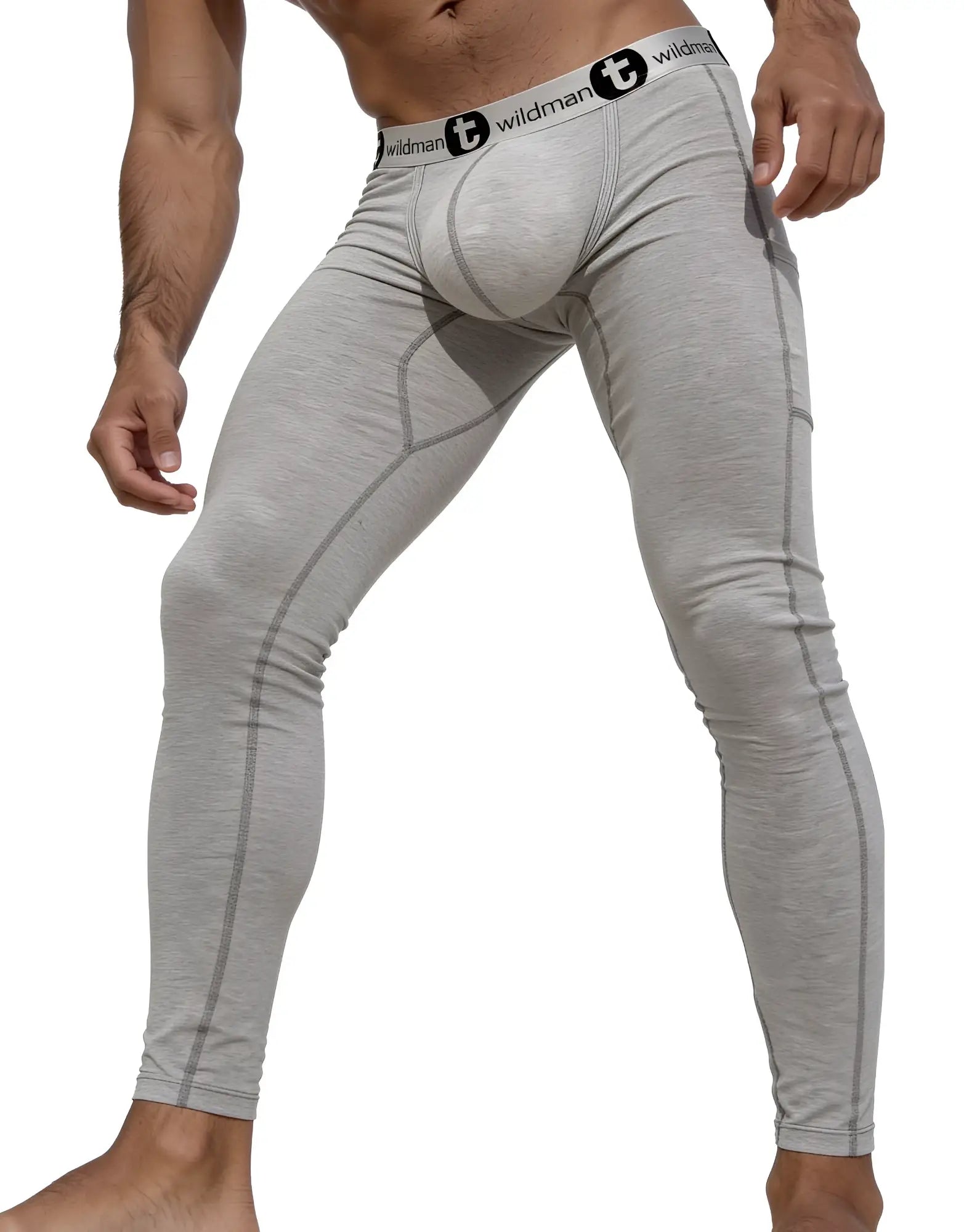Grey WildmanT long johns featuring a large contoured pouch and a branded elastic waistband with visible stitching.