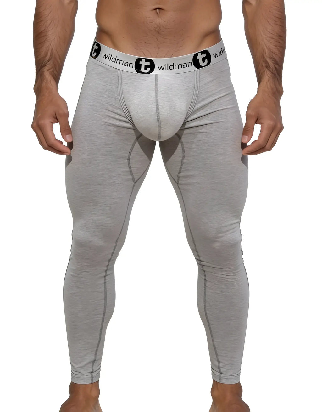 Grey heather long johns with a prominent contoured front pouch and WildmanT branded elastic waistband.