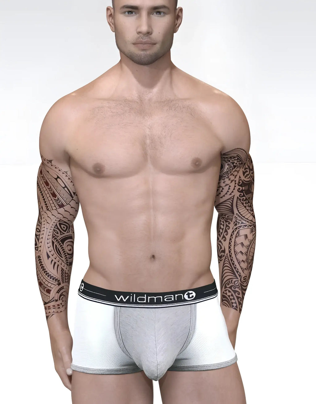 Duo Big Boy pouch boxer briefs in white and heather grey with a "wildmant" branded elastic waistband.