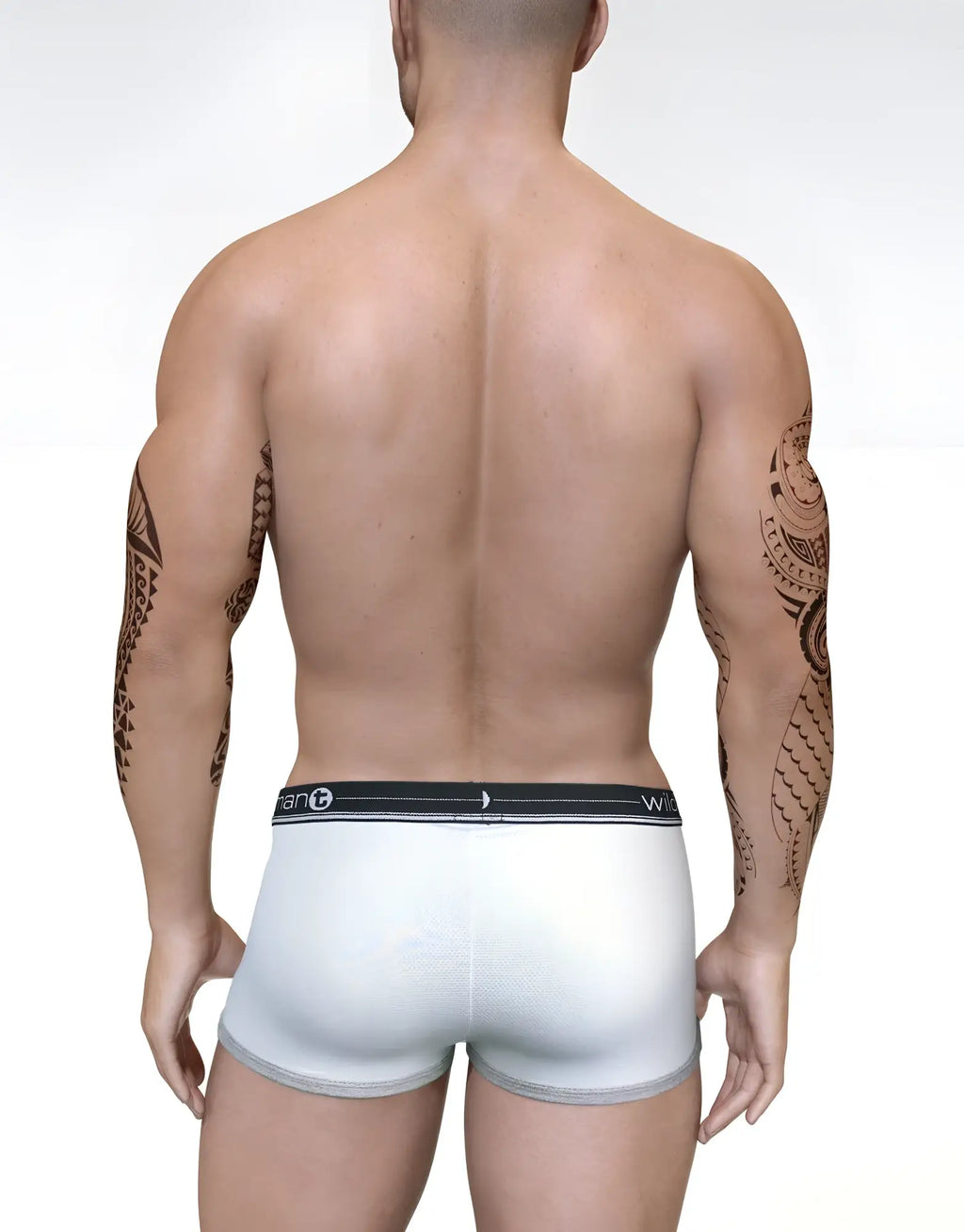 Rear view of a man wearing white Duo Big Boy Pouch boxer briefs with a black branded waistband and grey trim.