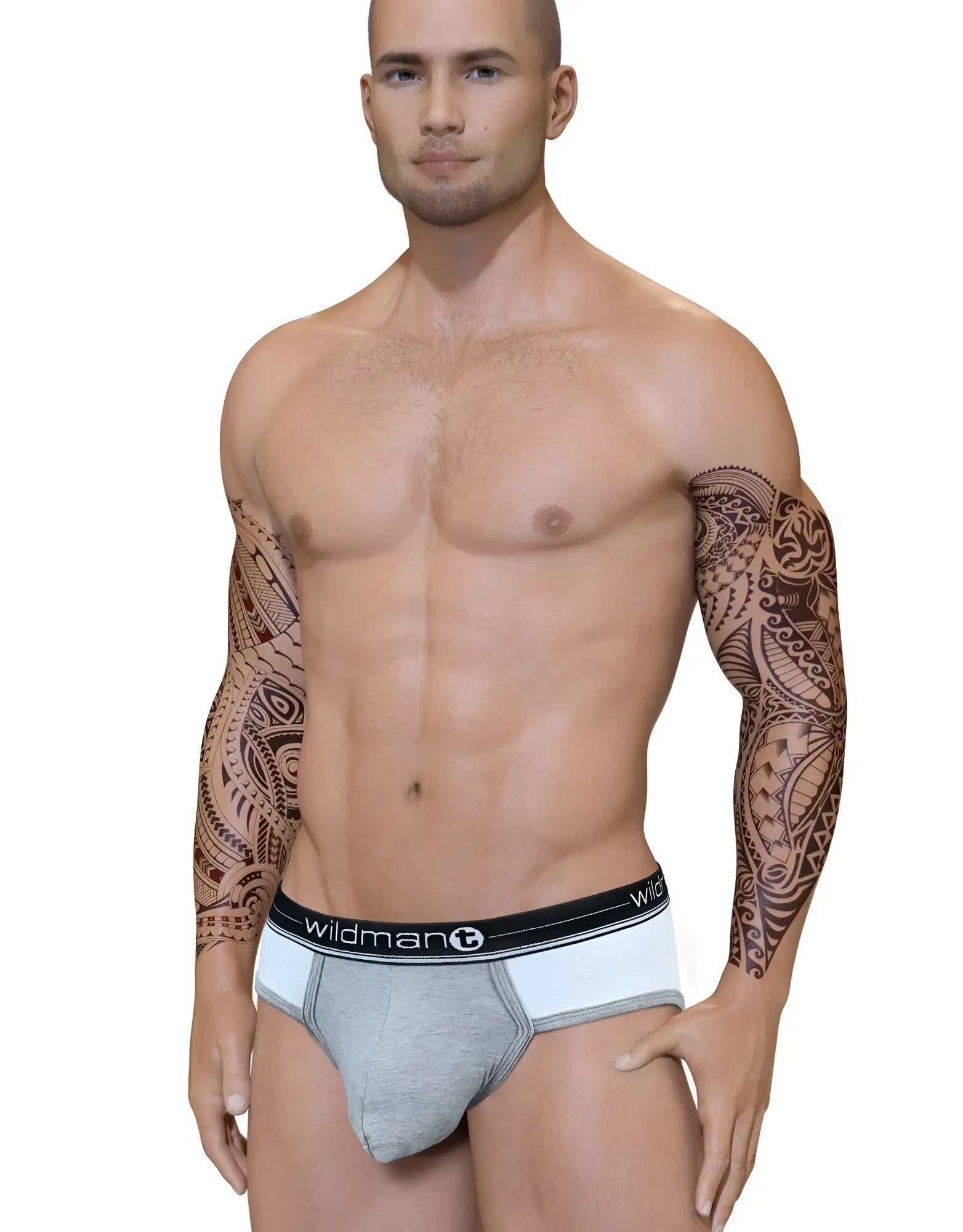 Duo Big Boy pouch brief in grey and white with a black waistband featuring white Wildmant logo text.