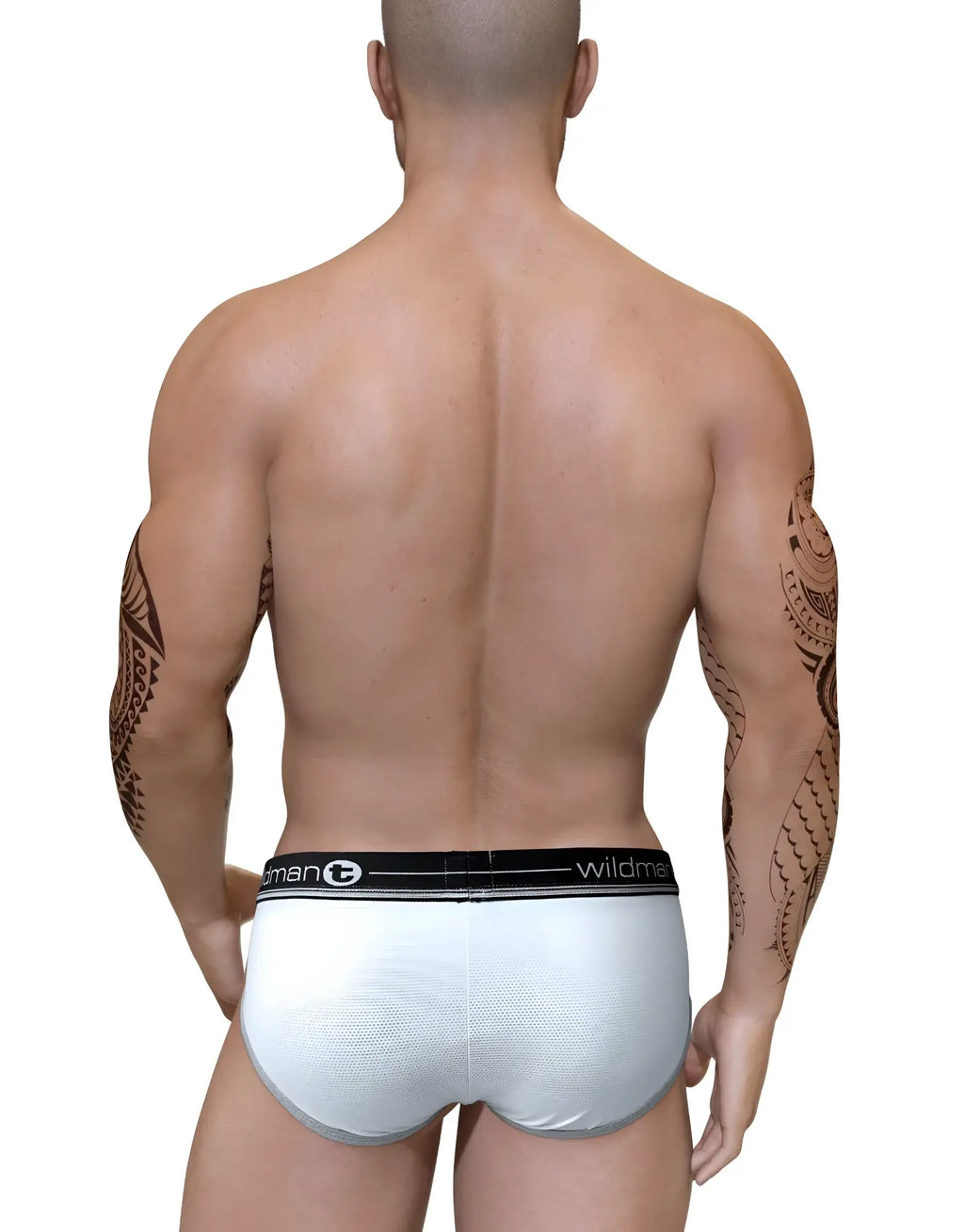 Back view of a muscular man wearing white mesh pouch briefs with a black branded waistband and grey trim.