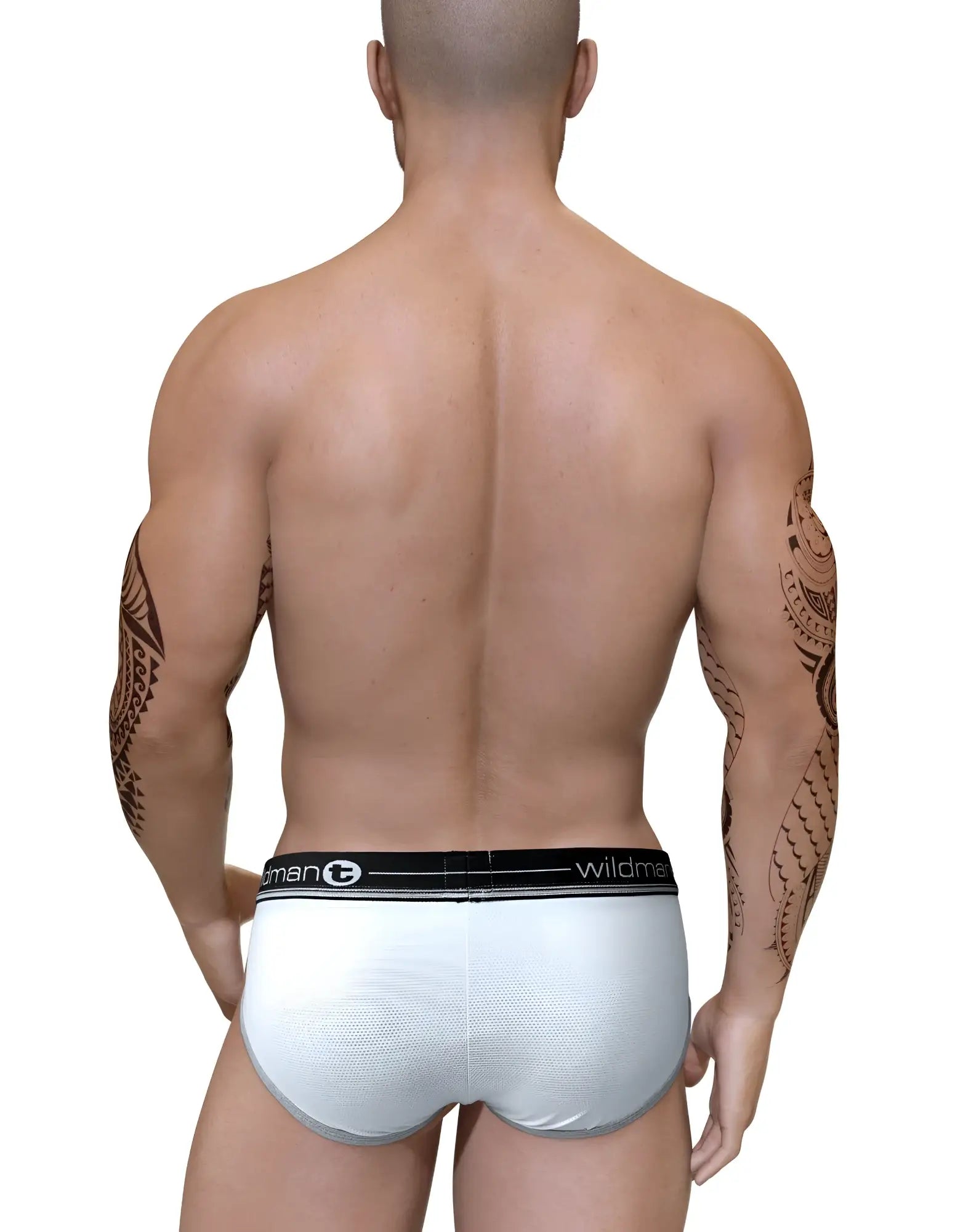 Back view of a muscular man wearing white mesh pouch briefs with a black branded waistband and grey trim.