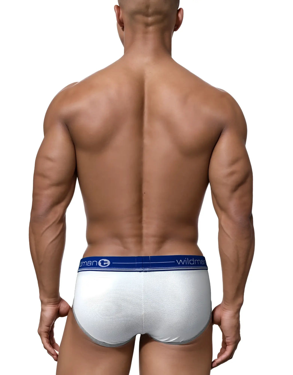 Rear view of a muscular man wearing a white, textured-mesh pouch brief with a blue Wildman elastic waistband.