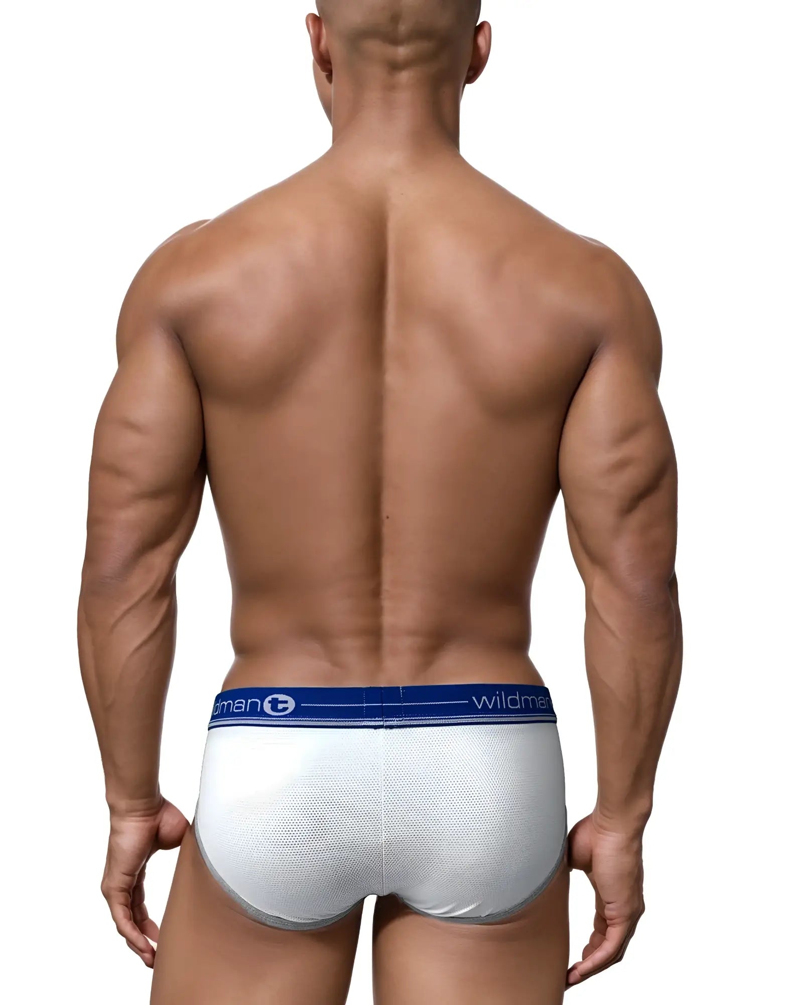 Rear view of a muscular man wearing a white, textured-mesh pouch brief with a blue Wildman elastic waistband.