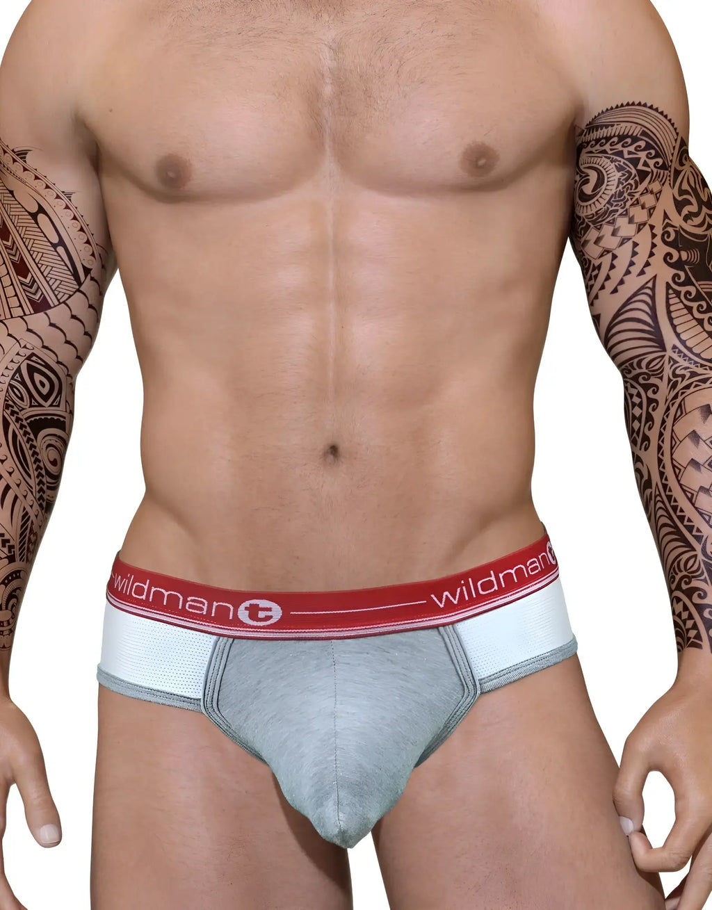 Duo Big Boy pouch briefs featuring a grey contoured pouch, white mesh sides, and a red Wildman logo waistband.