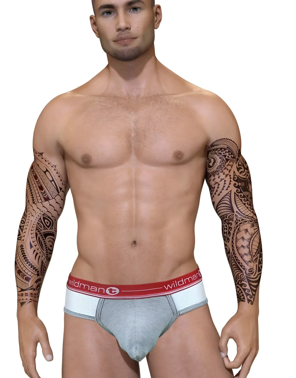 A man wearing a grey and white pouch brief with a red "wildman" branded waistband.