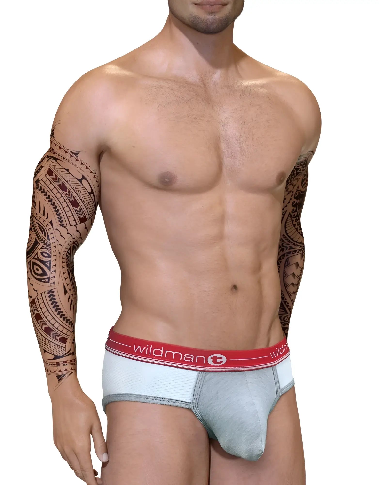 A muscular man wearing a grey and white Duo Big Boy pouch brief with a red waistband featuring the Wildman logo.