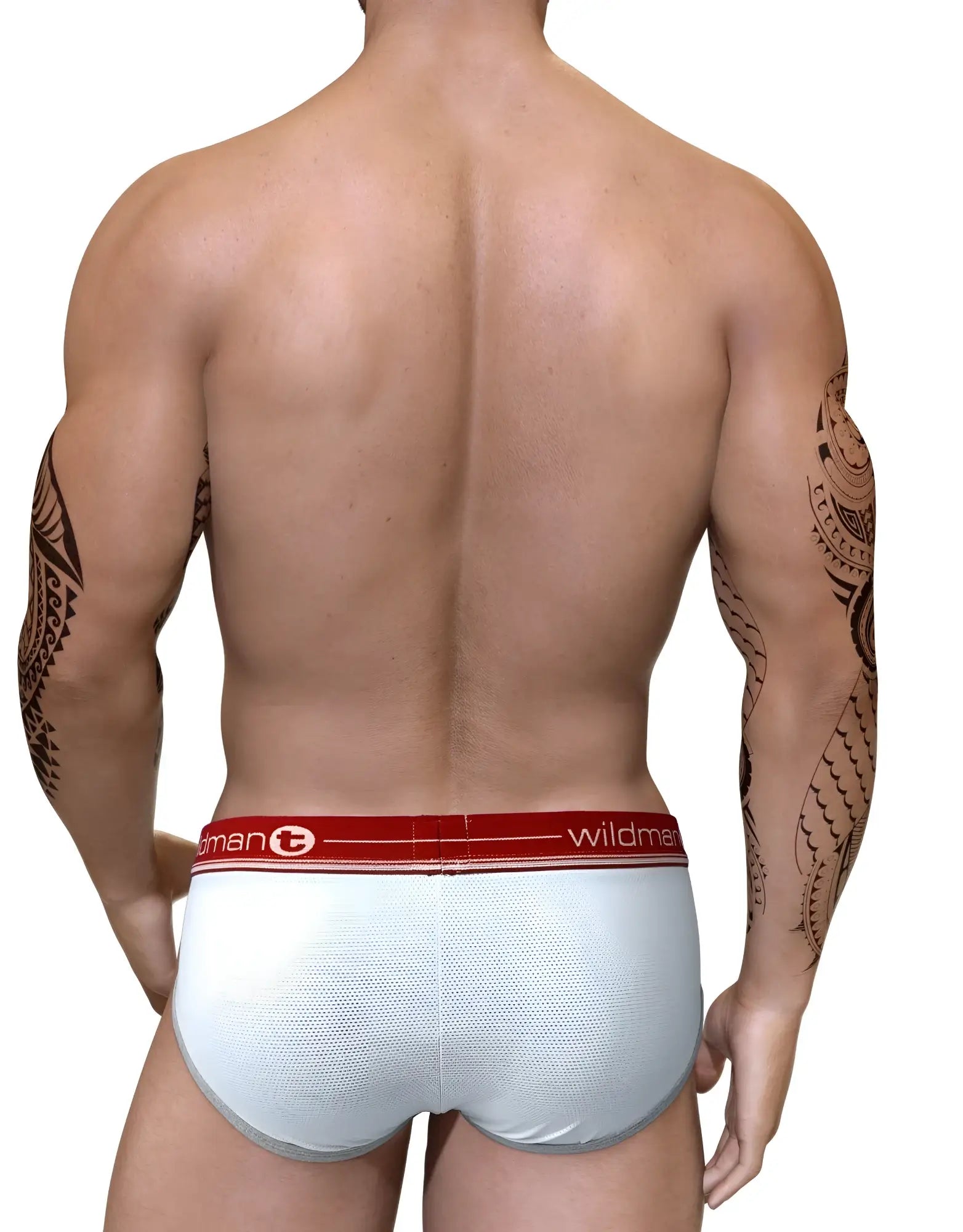 Muscular man seen from behind wearing white Wildman Big Boy pouch briefs with a red logo waistband and grey trim.