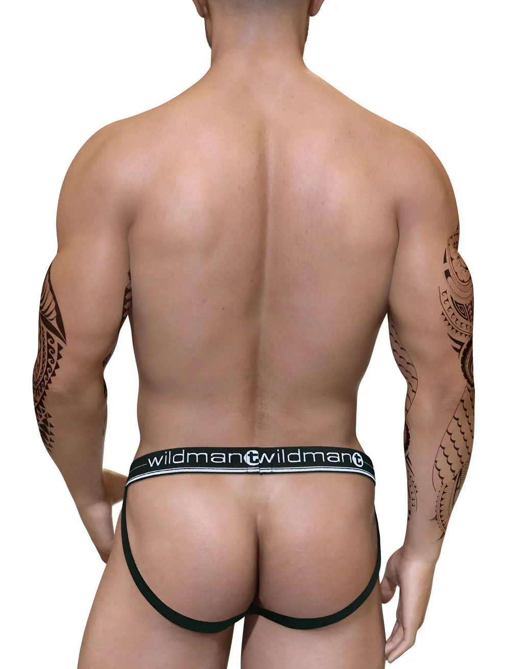 Back view of a muscular man wearing a black Duo Big Boy jockstrap with a branded white elastic waistband.