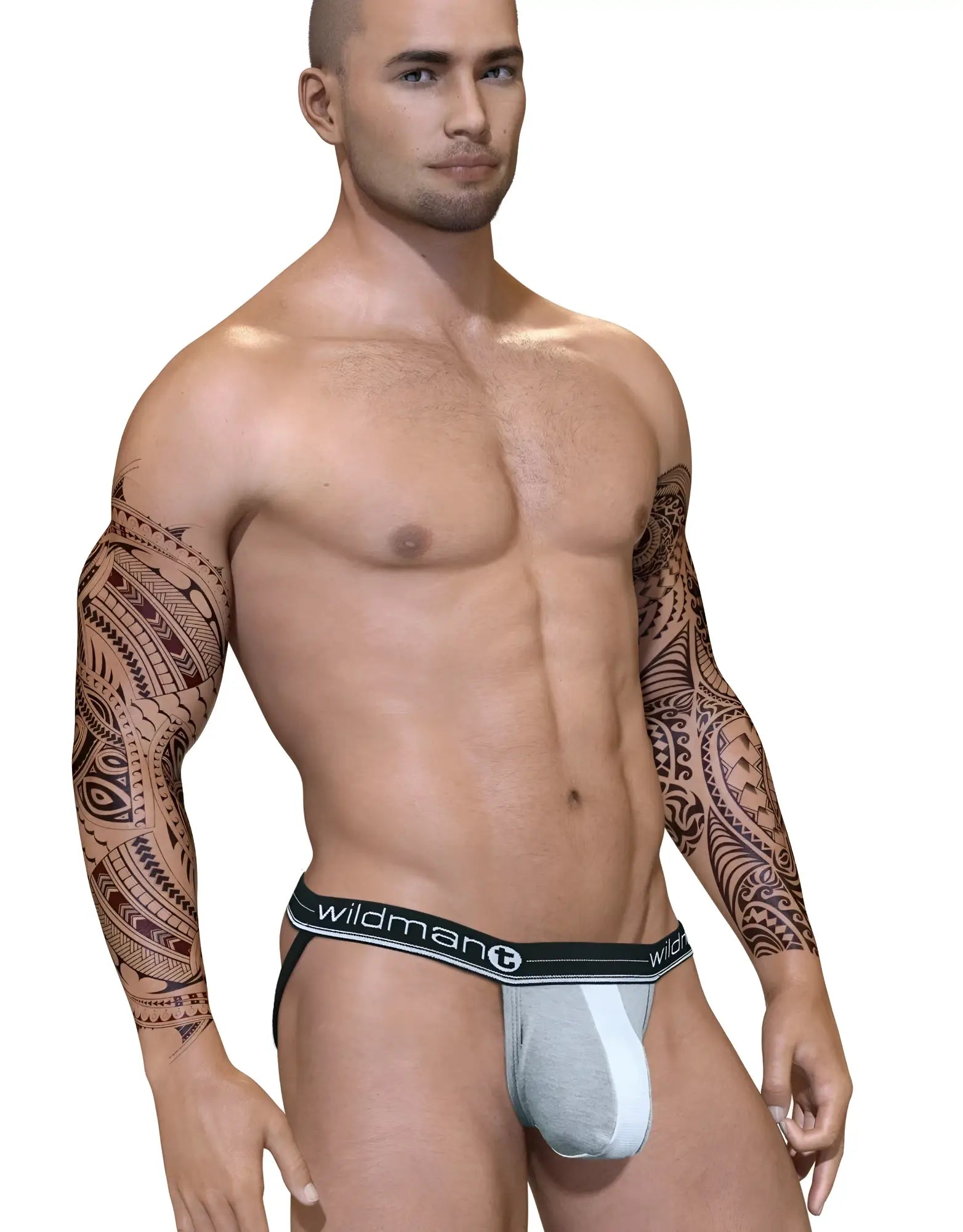 Duo Big Boy jockstrap in heather grey with a white center stripe and black Wildmant waistband on a tattooed man.