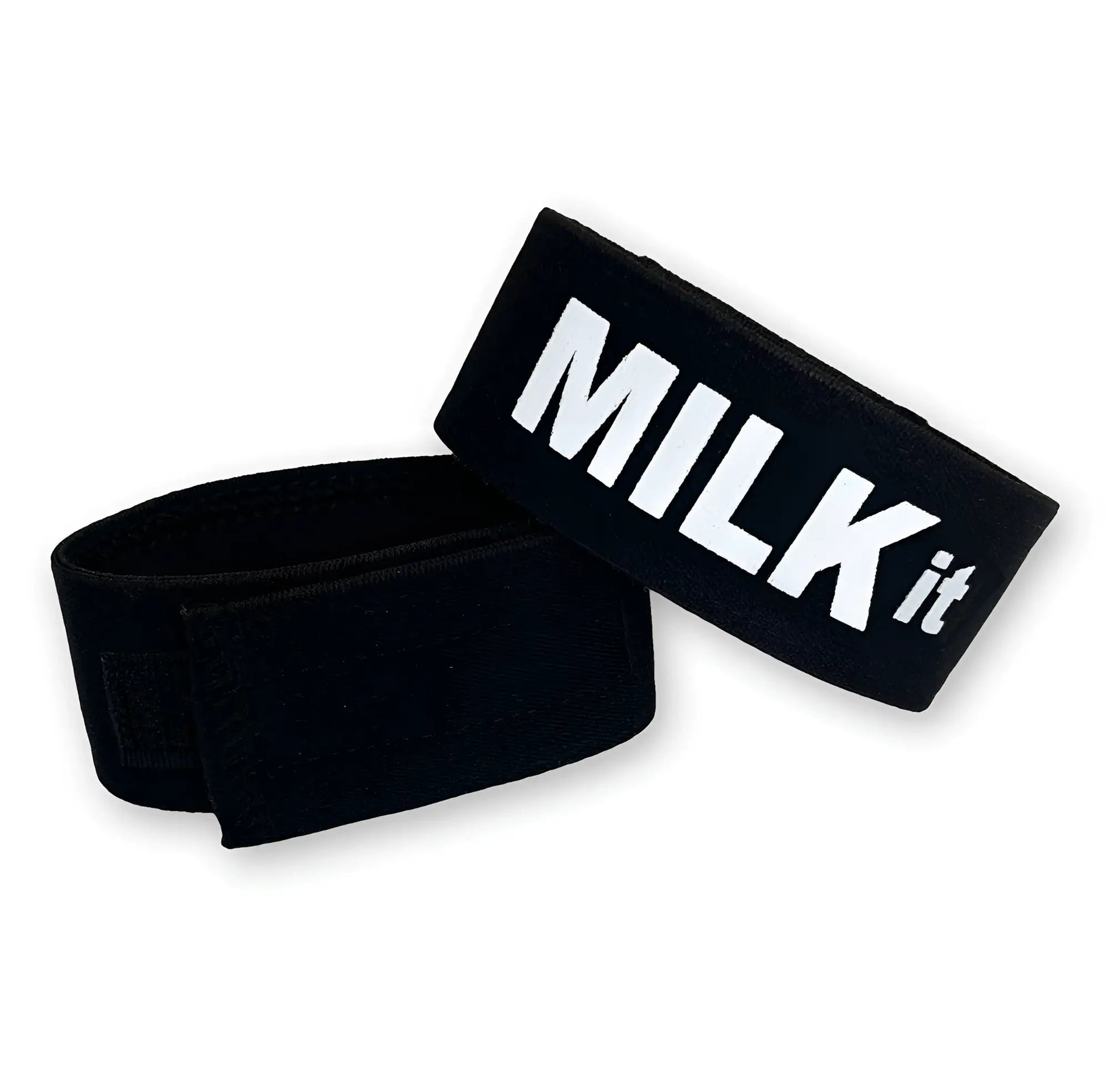 Two black elastic cock rings with white "MILK it" text and adjustable velcro closures on a white background.