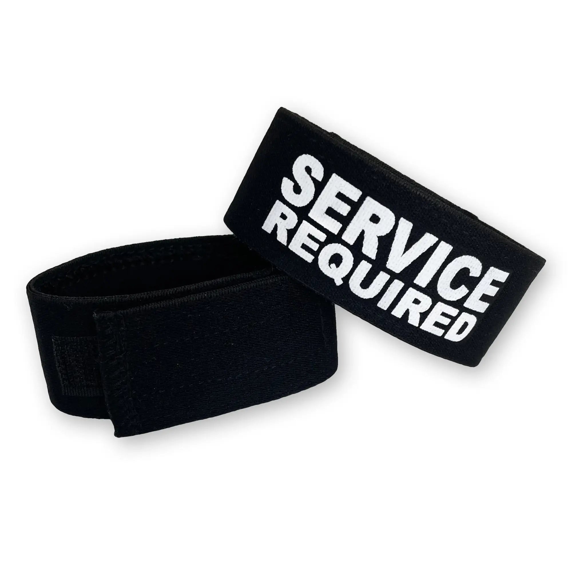 Black elastic cock ring with velcro closure and "SERVICE REQUIRED" printed in bold white text.