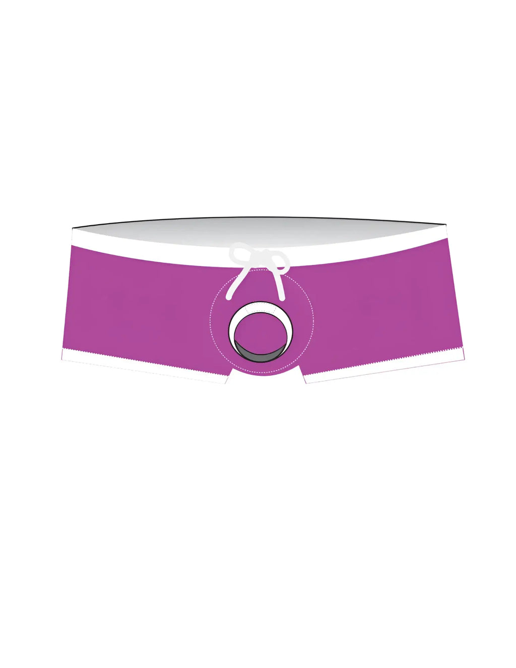 Purple jersey swim trunks with a white drawstring waistband, featuring a centered circular opening with a metal ring.