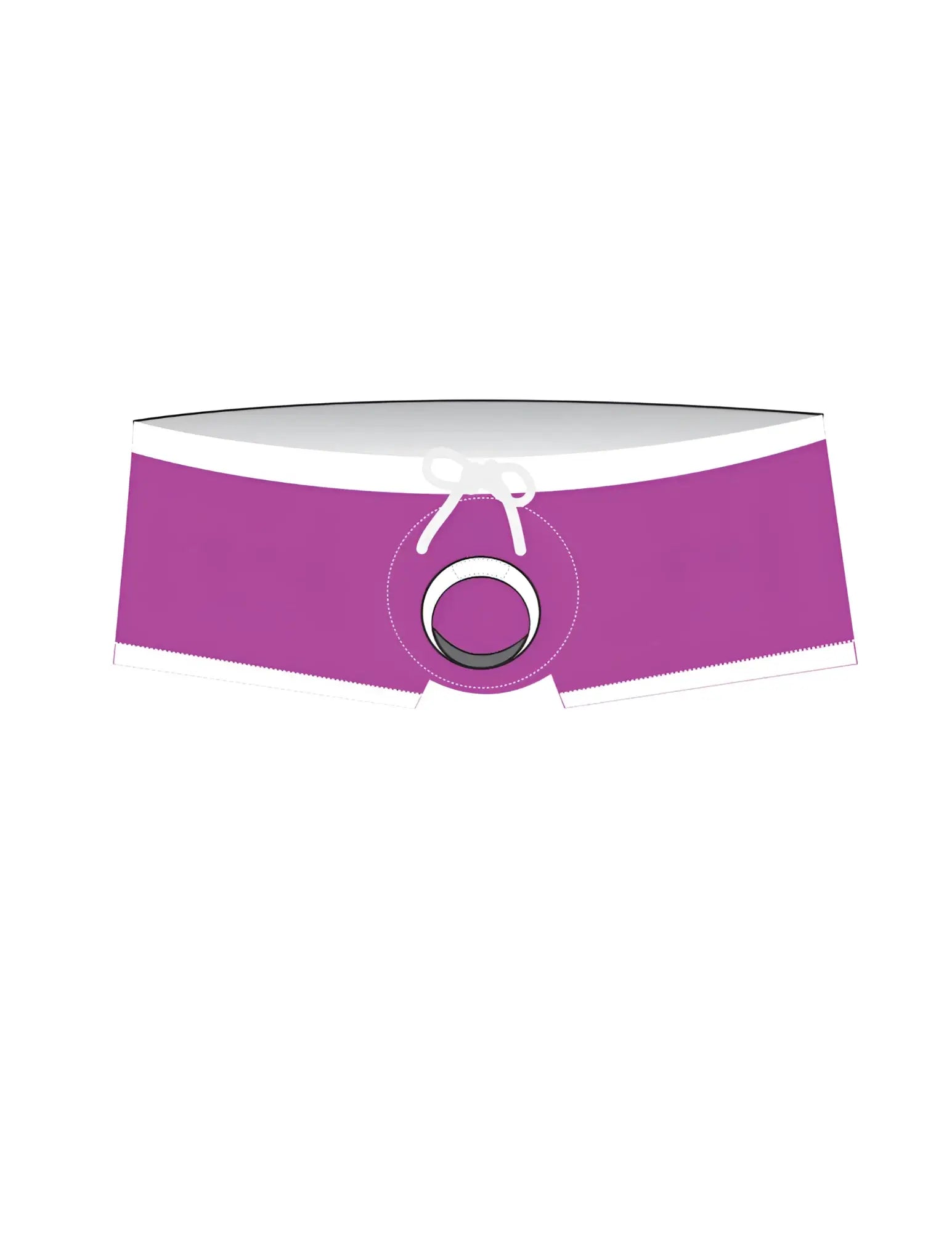 Purple jersey swim trunks with a white waistband, drawstring, and a prominent gray cock ring feature at the front.