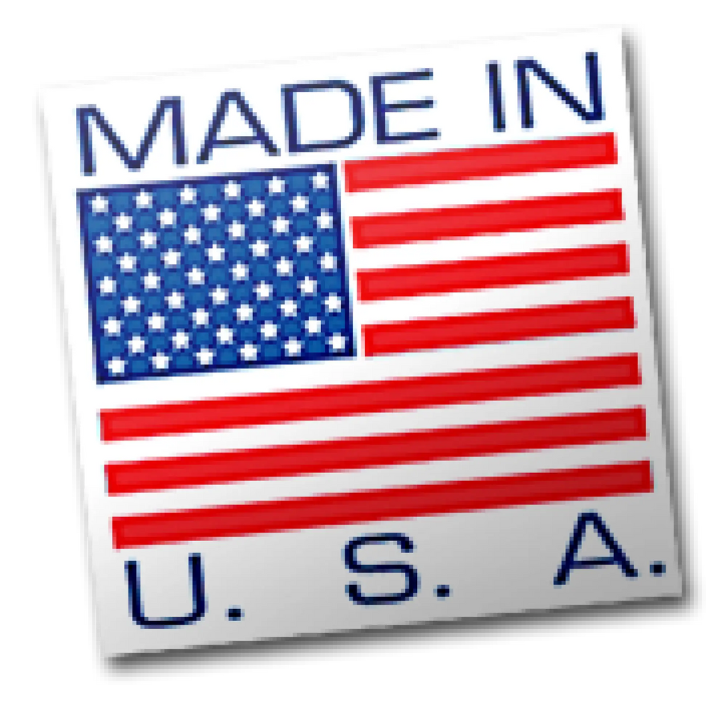 Square sticker featuring a US flag with the text "MADE IN" above and "U. S. A." below in dark blue capital letters.
