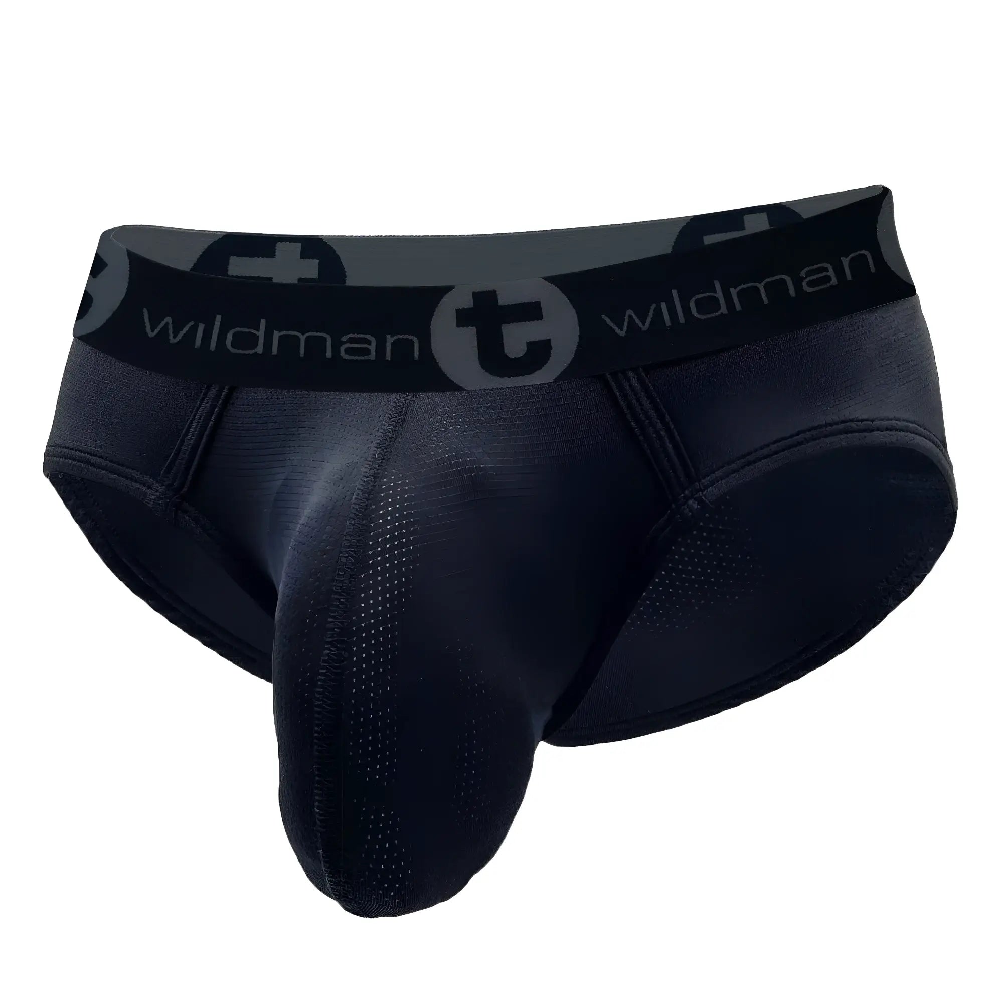 Black mesh pouch brief with a supportive front pouch and a branded elastic waistband reading "WildmanT".