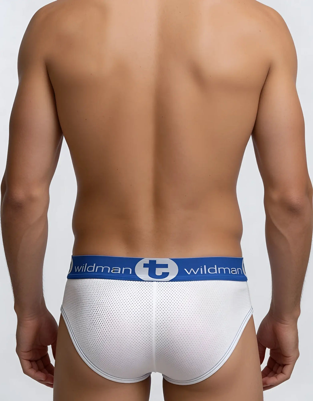 White mesh brief with blue logo waistband, featuring "WildmanT" branding, worn from the back view.