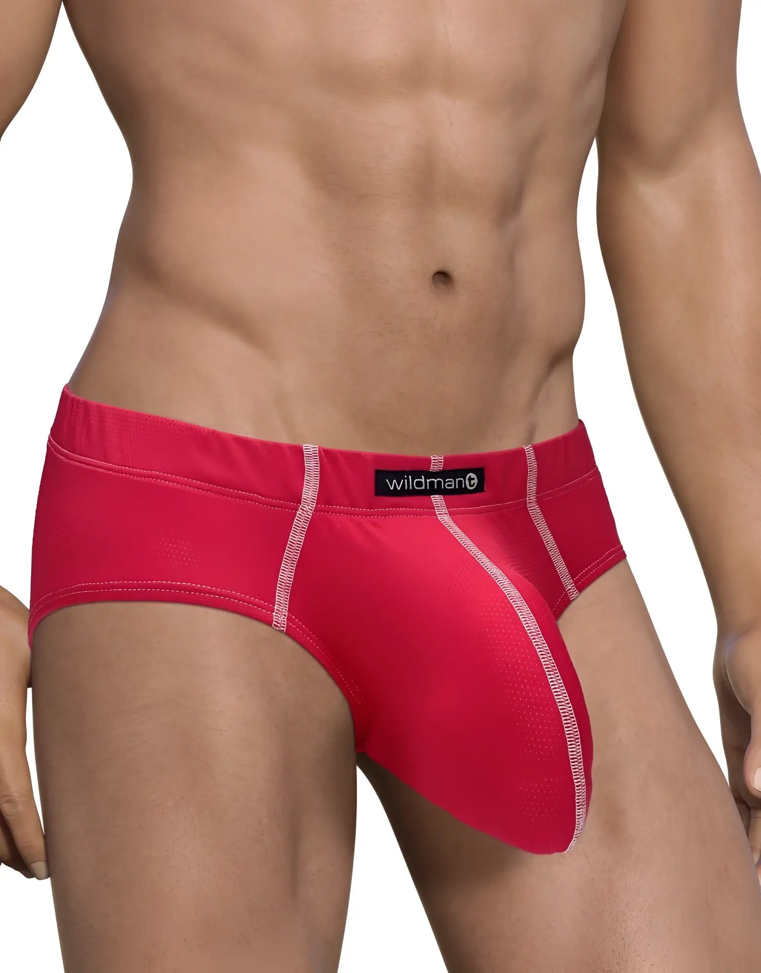 Red WildmanT mesh brief with white contrast stitching and a branded patch on the front waistband.