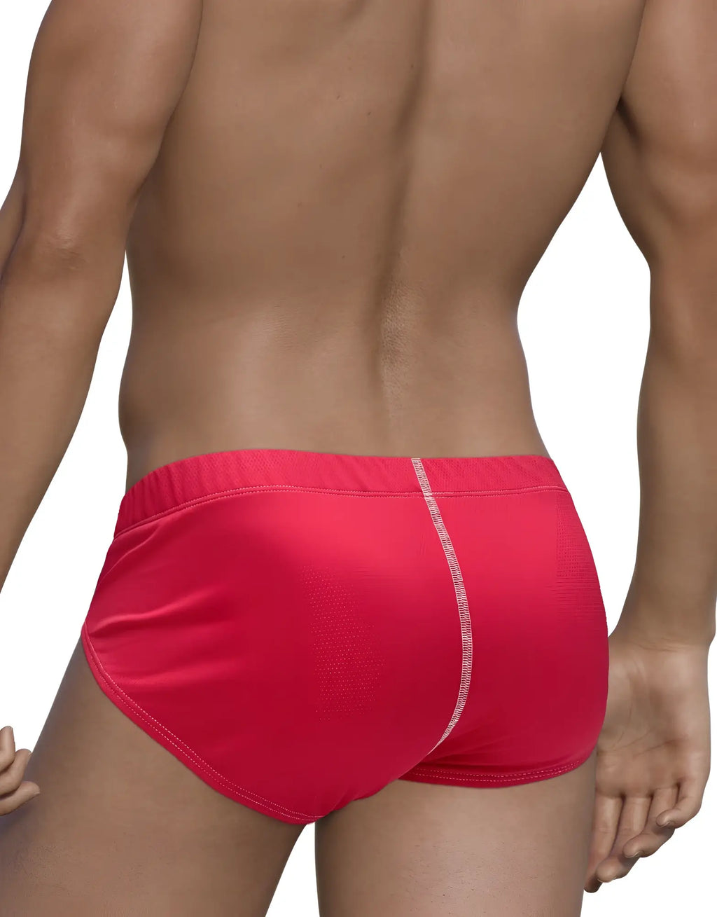 WildmanT red mesh brief viewed from the back, featuring a breathable fabric and contrasting white center-back seam.