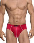 Red mesh brief featuring contrast white stitching and a WildmanT brand label on the waistband.