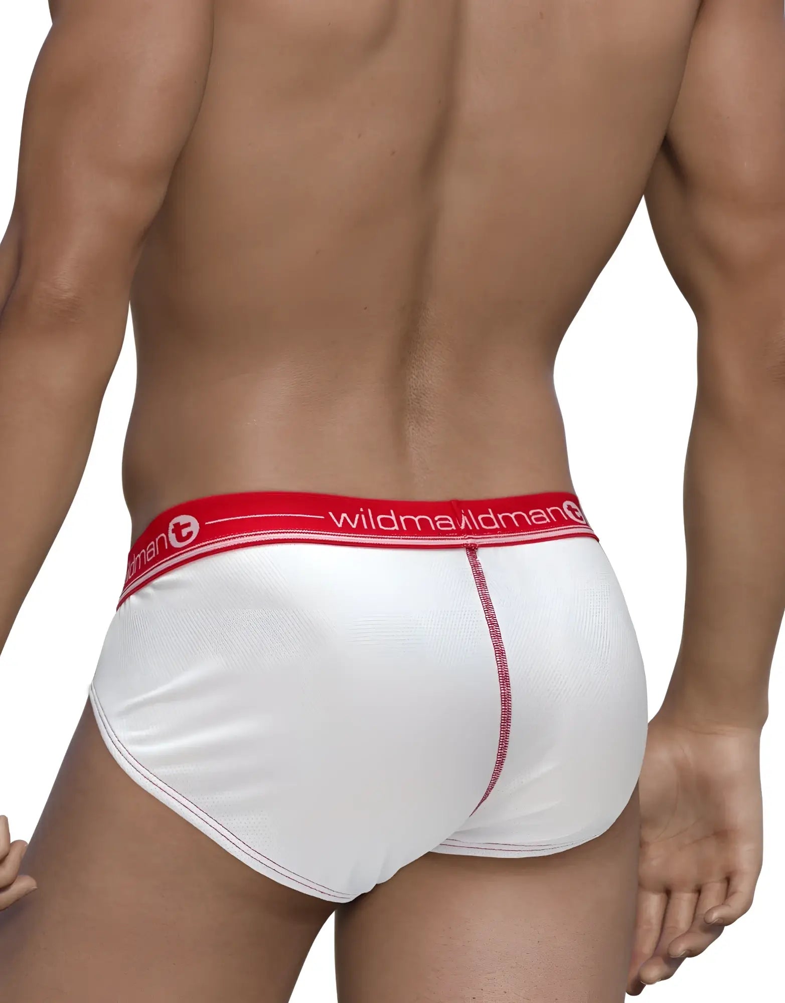 White WildmanT mesh brief with red contrast stitching and red waistband featuring the brand logo.