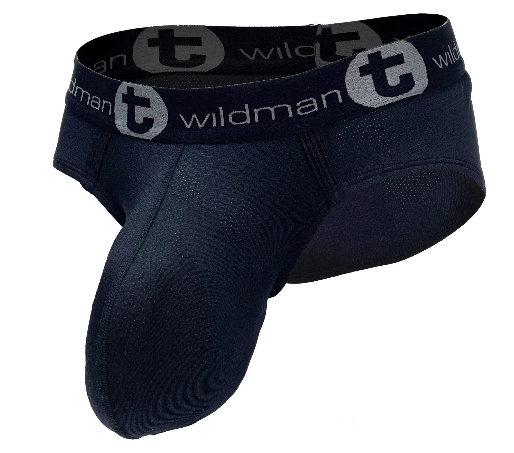 Black mesh men's brief with an enhanced pouch and a branded elastic waistband featuring the WildmanT logo.