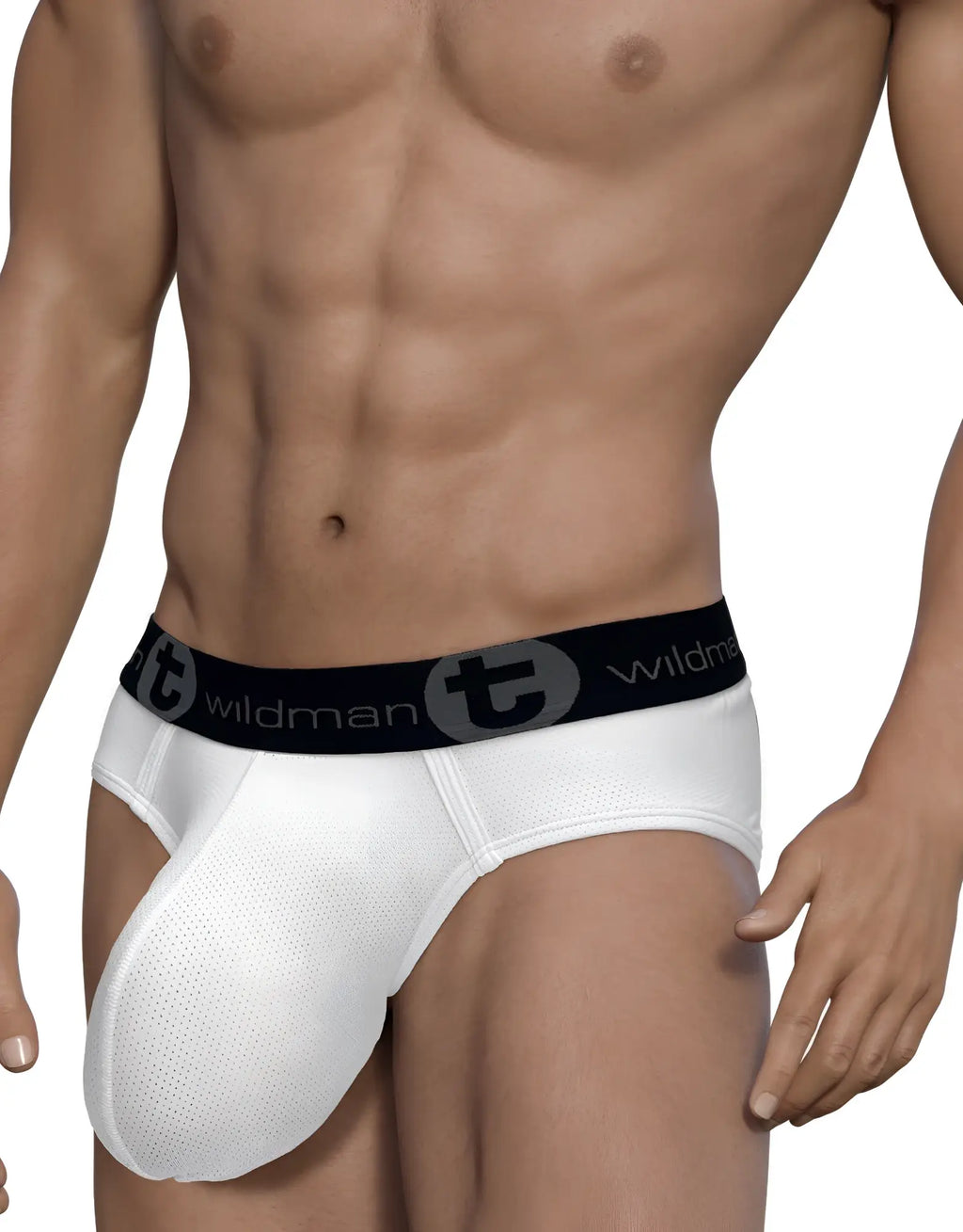 White mesh monster brief with a black elastic waistband featuring the WildmanT logo.