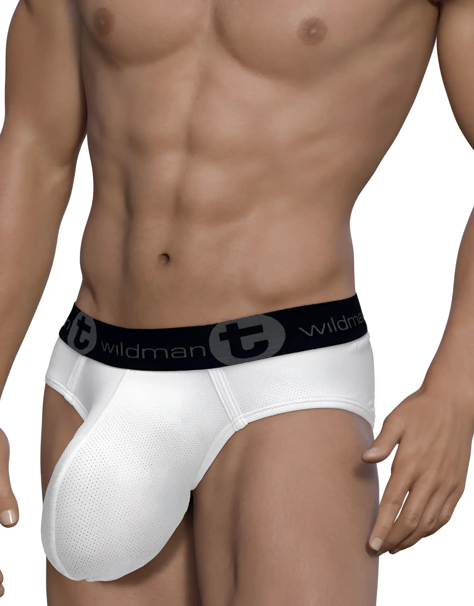 White mesh monster brief with a black elastic waistband featuring the WildmanT logo.