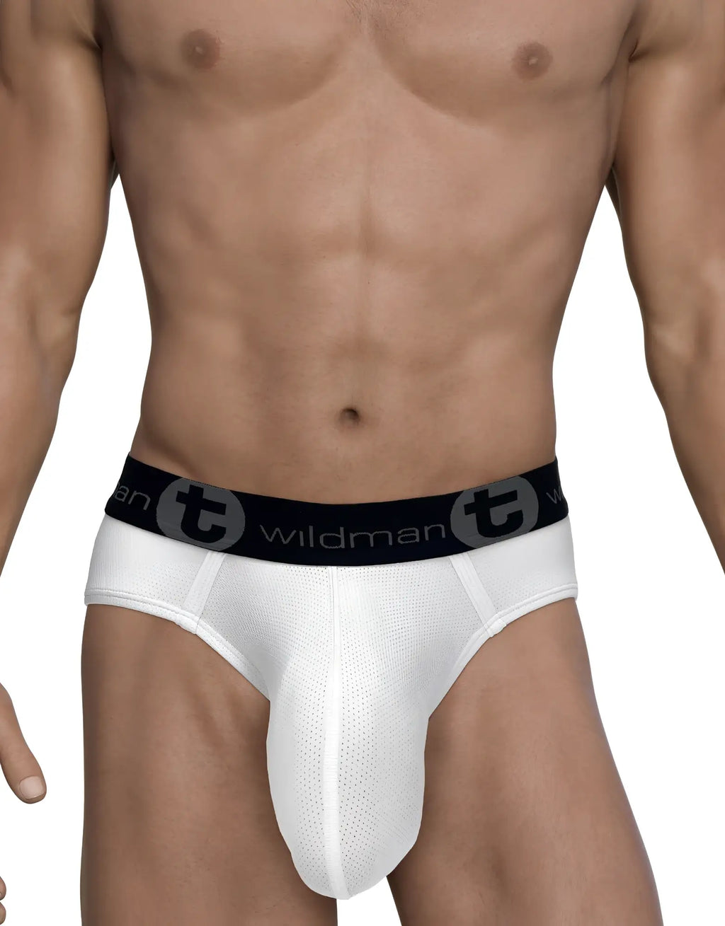 White mesh brief with a contoured pouch and a black branded waistband featuring a circular "t" logo.