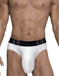 White mesh brief with a contoured pouch and a black branded waistband featuring a circular "t" logo.