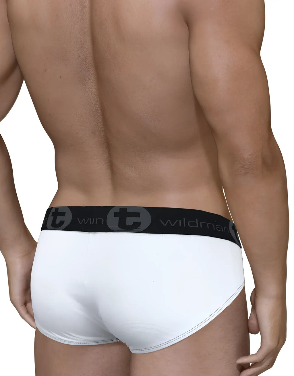 Back view of a man wearing white mesh briefs with a black elastic waistband featuring the WildmanT logo.
