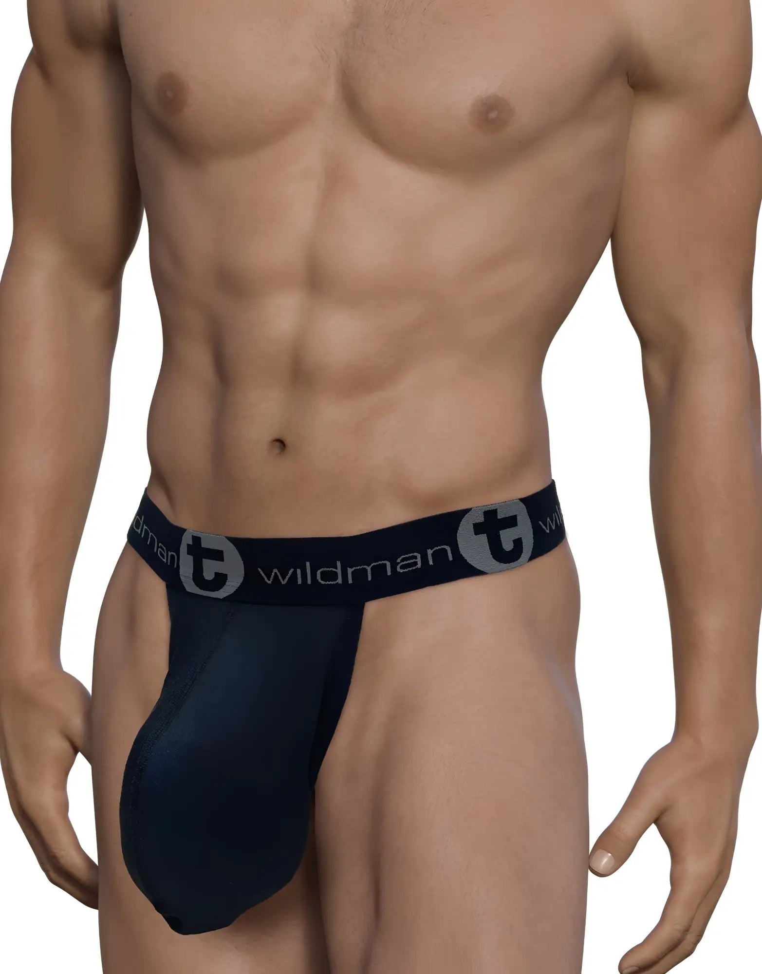 Black WildmanT strapless mesh pouch with branded elastic waistband on a muscular male torso.