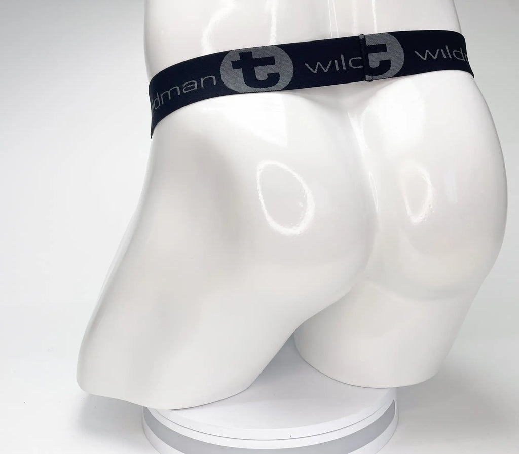 Black WildmanT strapless pouch featuring a wide elastic waistband with grey branded logo text on a white mannequin.