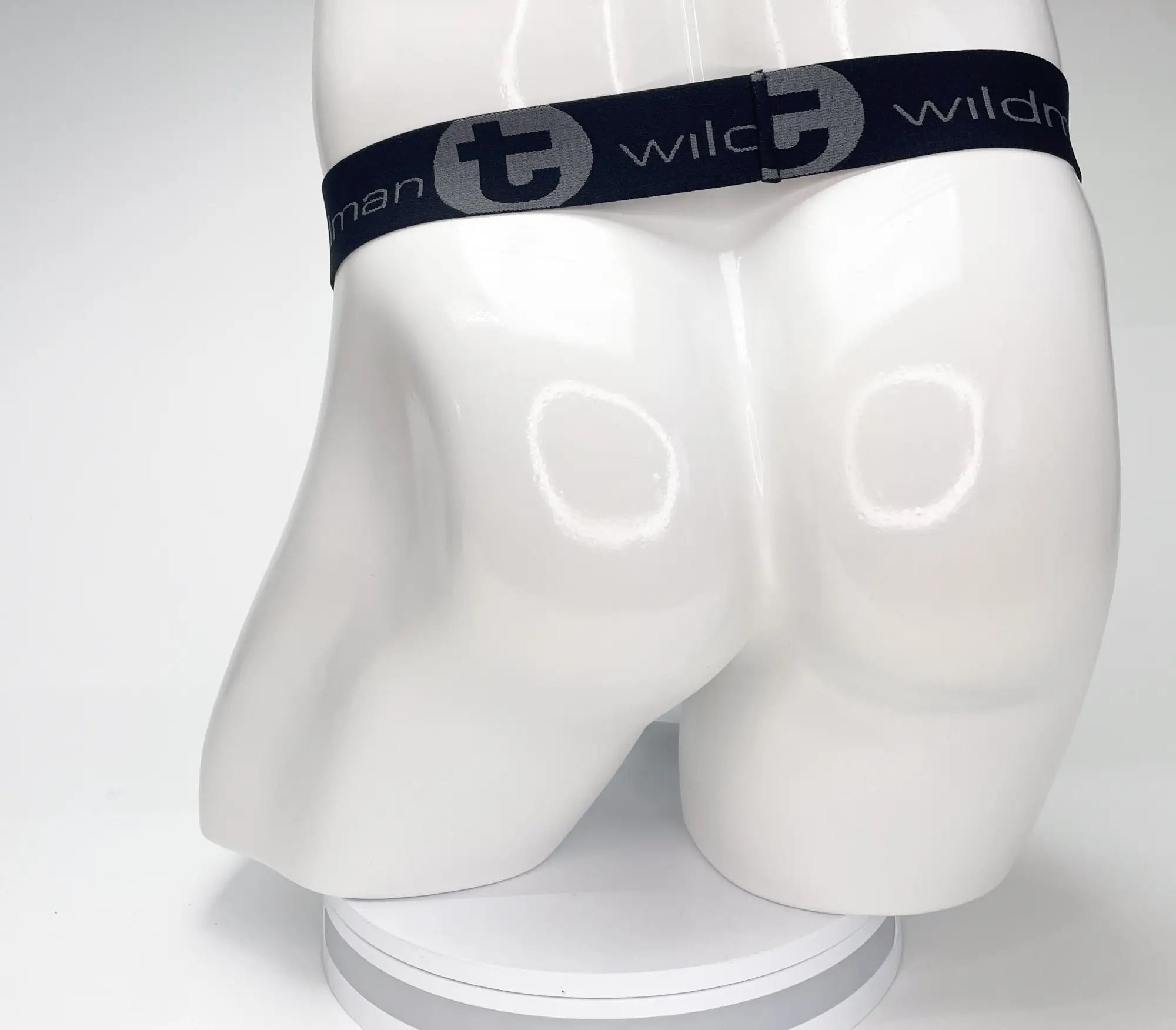 Black waistband with "WildmanT" logo on a white mannequin torso, showing the rear view of a strapless pouch garment.