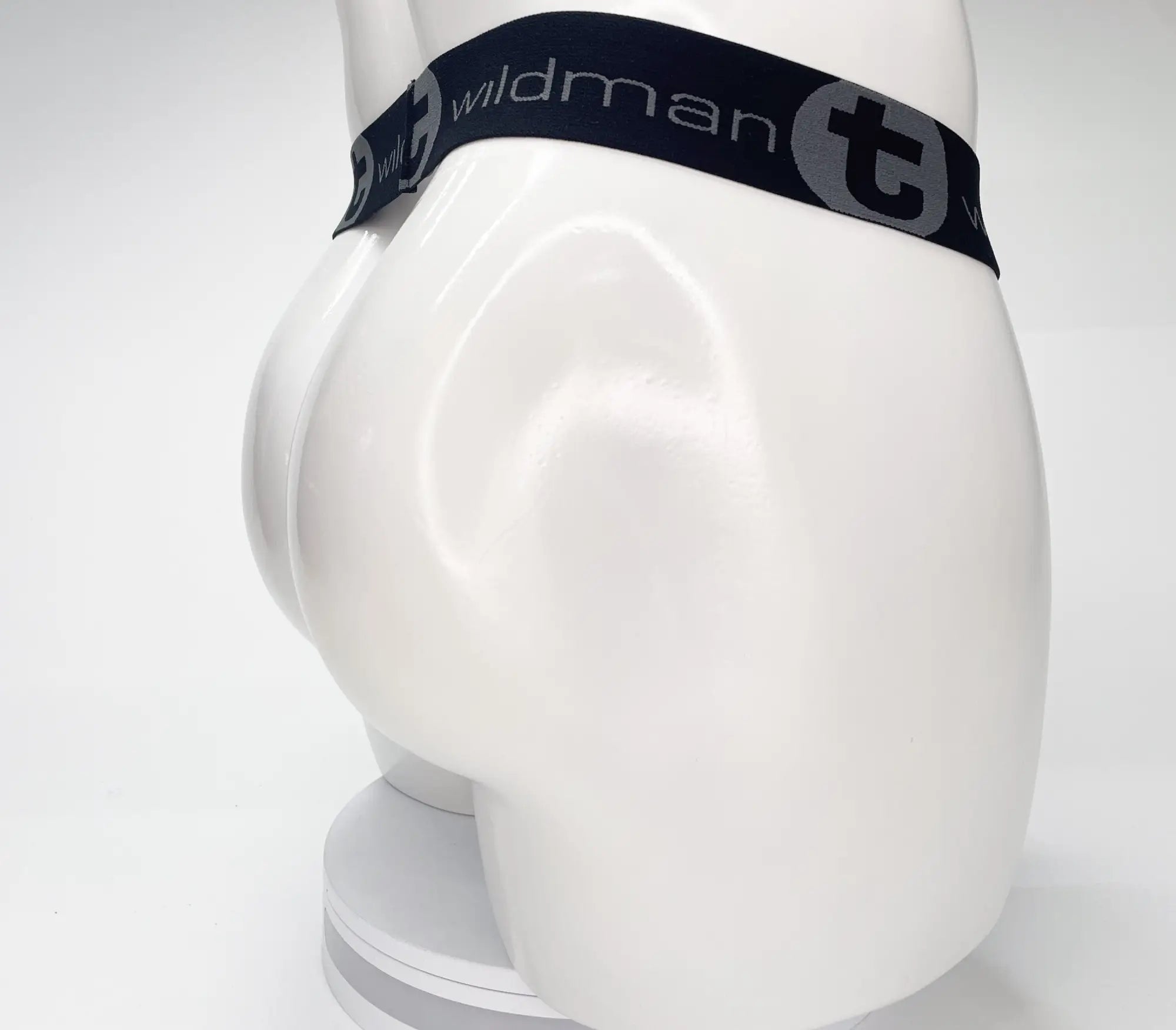 WildmanT black waistband with grey logo worn on a white mannequin torso from the back view.