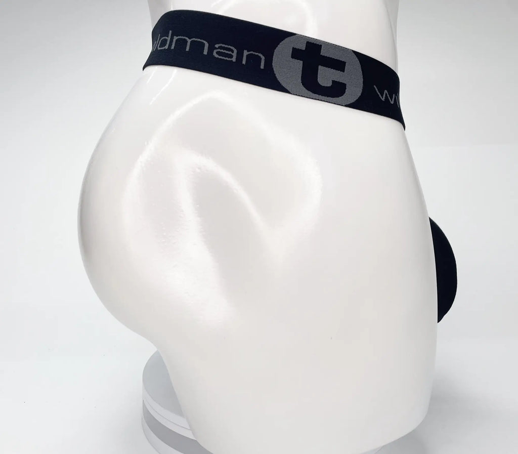 Black WildmanT strapless pouch with mesh fabric and branded elastic waistband on a white mannequin.