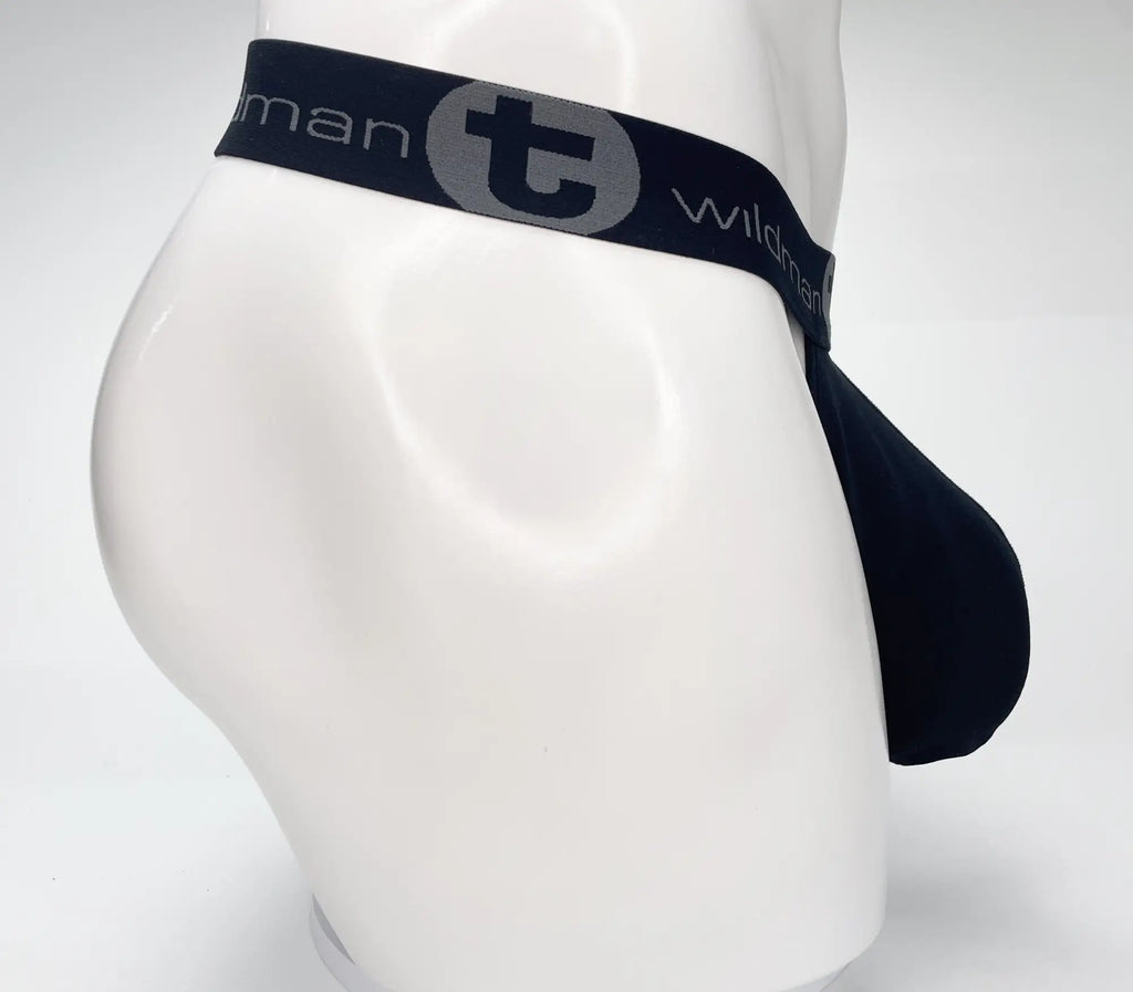 WildmanT black strapless mesh pouch on a white mannequin with a branded elastic waistband.