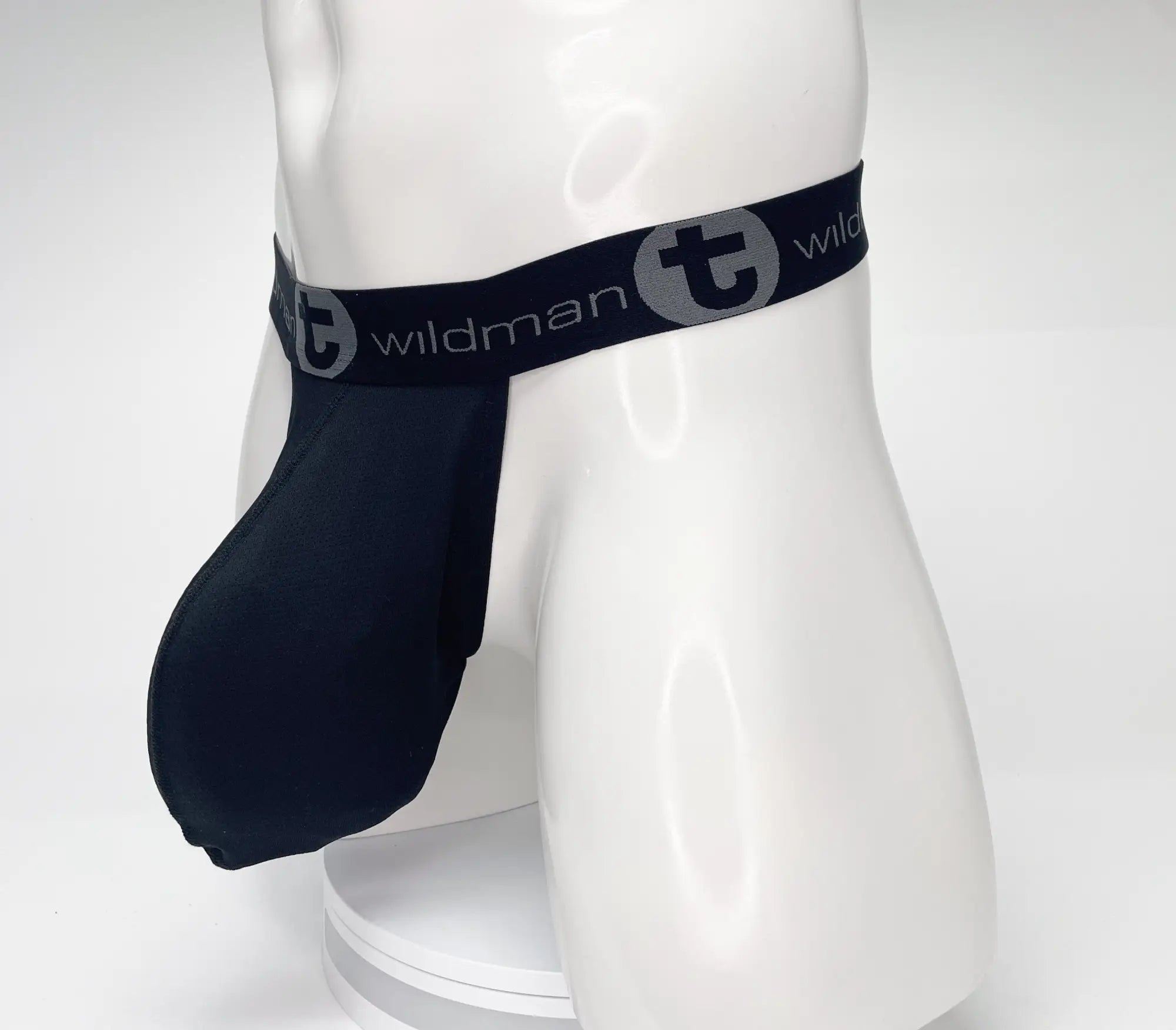 Black WildmanT strapless pouch with mesh fabric and a wide logo waistband, worn on a white mannequin.