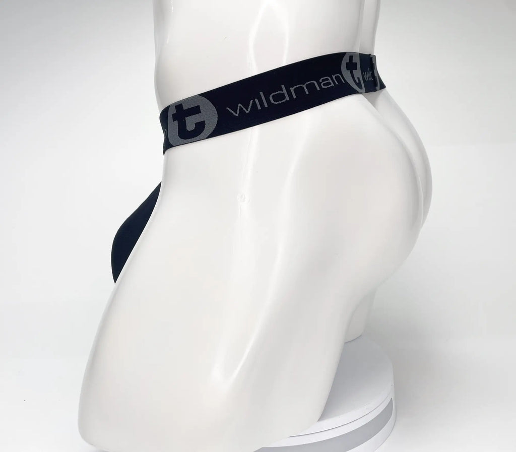Black WildmanT strapless mesh pouch on a white mannequin, featuring a branded elastic waistband with the logo.
